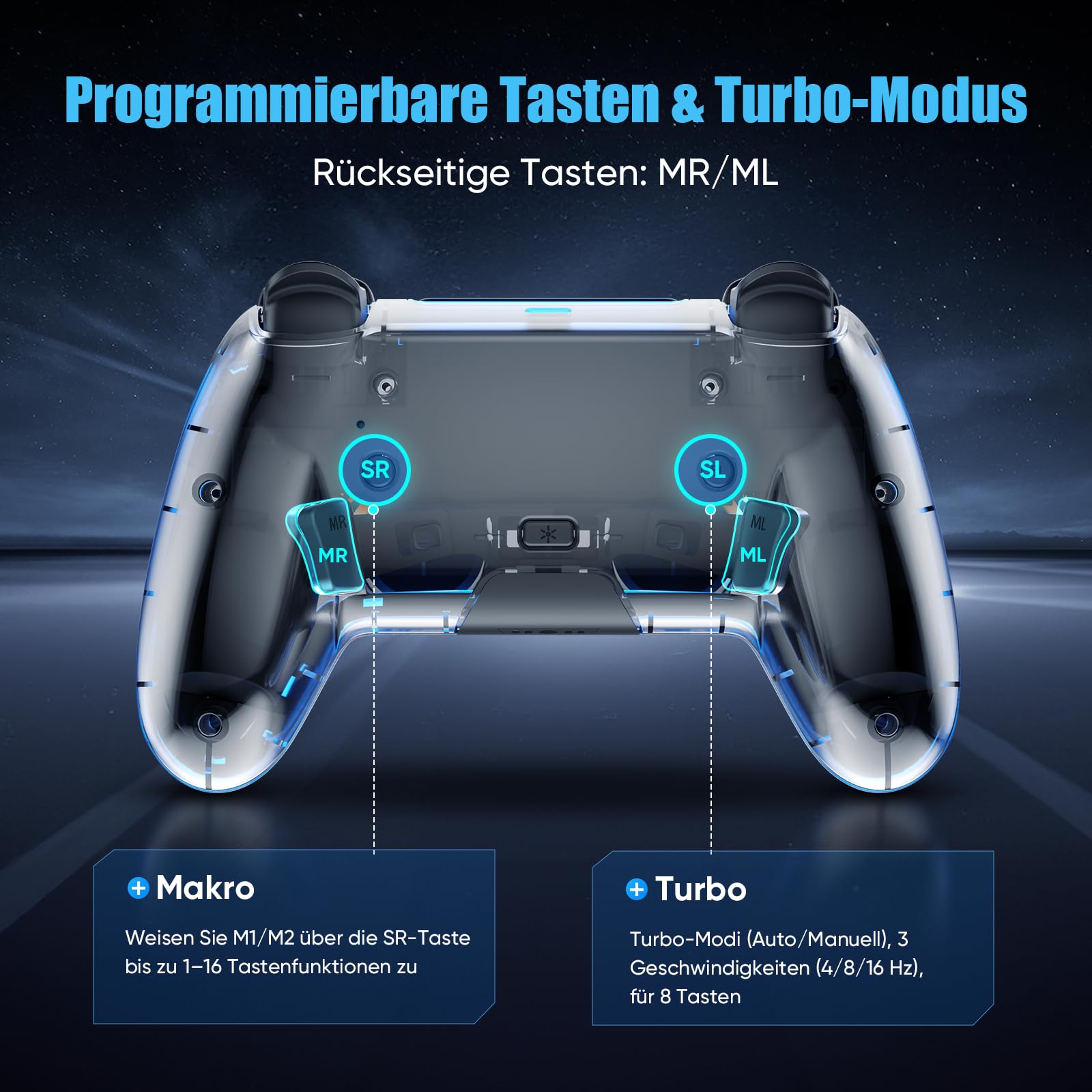 BETMI Wireless Controller für PS5, Pro/Slim/MAC/Steam Deck/PC, Hall-Effekt-Joystick, Doppelvibration/Makro/Turbo, 6-Achsen, RGB-LED dynamische Farbwechsel Cool Glow Licht mit Lautsprecher