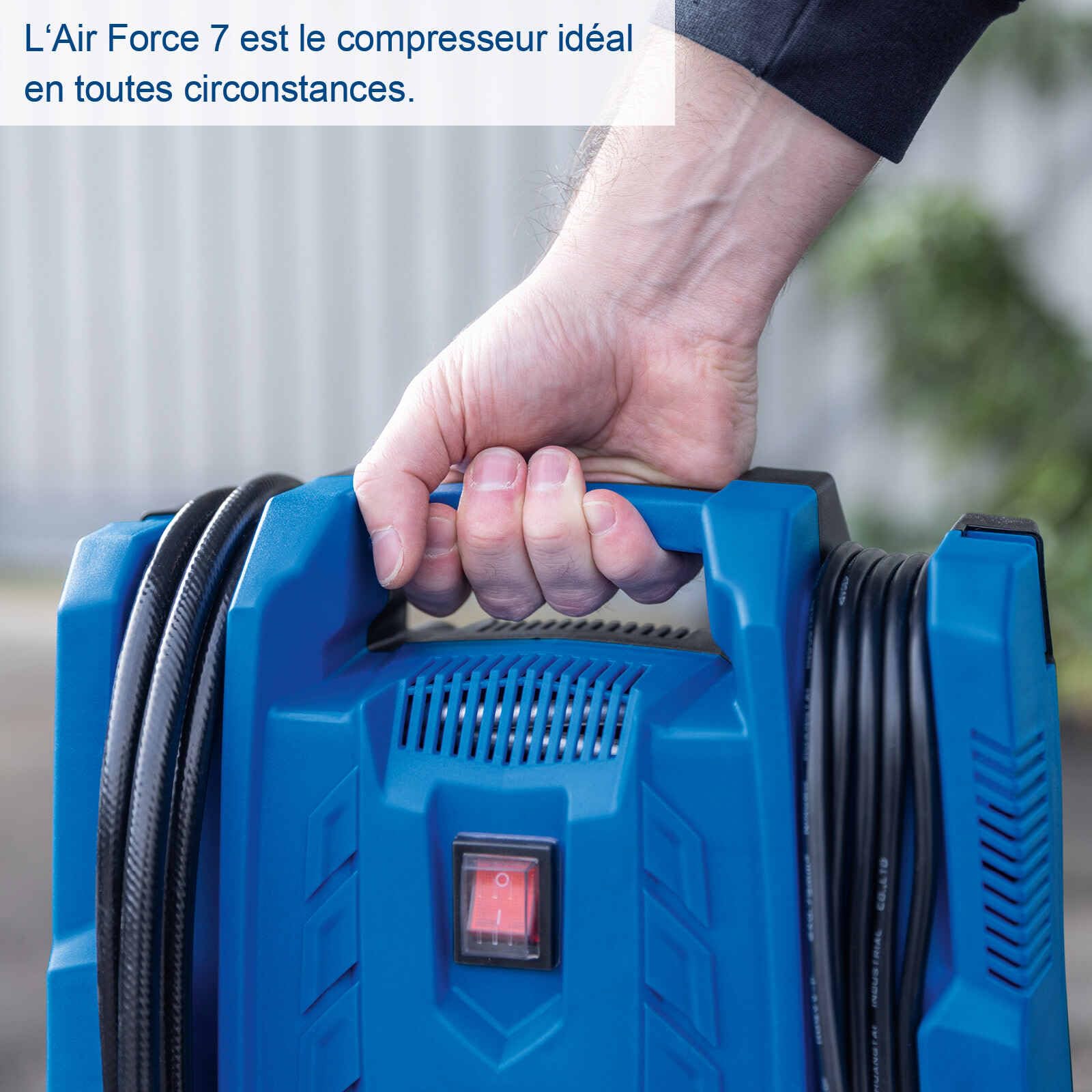 Scheppach Airforce 7 Compresseur d'air mobile | 230 V 1100 W | Pression 8 bar | 180 l/min | Sans huile et mobile | Rayon de travail de 8 m | Avec tuyau de 4 m, câble de 4 m, gonfleur de pneus
