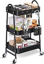 KINGRACK 3-Tier Utility Rolling Cart,Mobile Utility Cart with Handle and Lockable Wheels,Storage Shelves Organizer Cart with 2 Hanging Baskets 4 Hooks for Bathroom,Kitchen,Office,Black