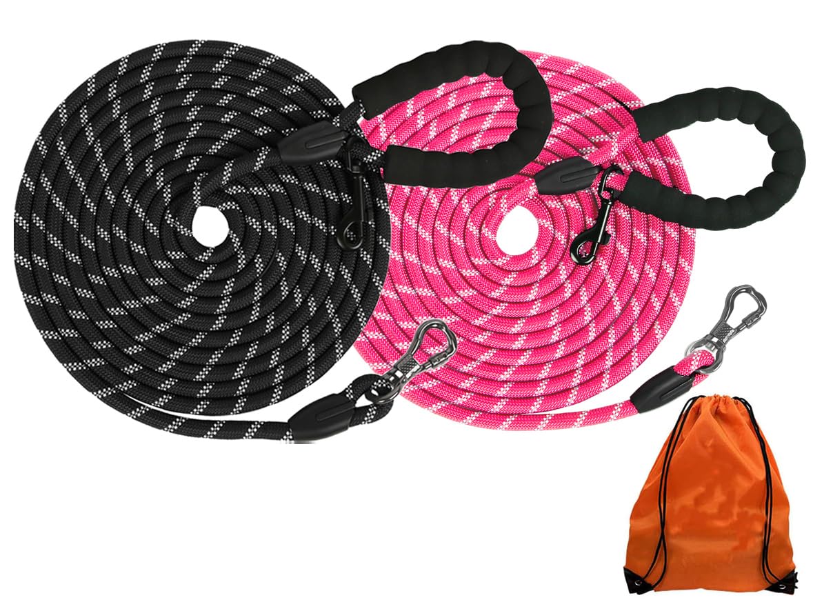 (2 Pack) Long Dog Leash for Dog Training 30FT, Lockable Hook Heavy Duty Dog Lead Tie Out Rope for Large Medium Small Dogs Outside Walking, Playing, Camping, or Yard(Black&Pink)