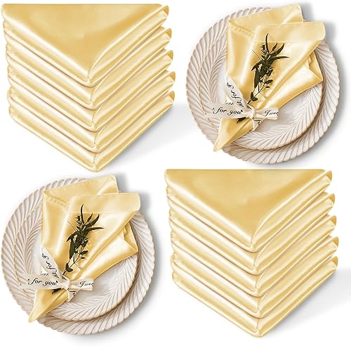 Paquete de 12 servilletas de satén de 17 x 17 pulgadas, servilletas de boda sedosas doradas lavables, juego de servilletas de lujo para mesa de