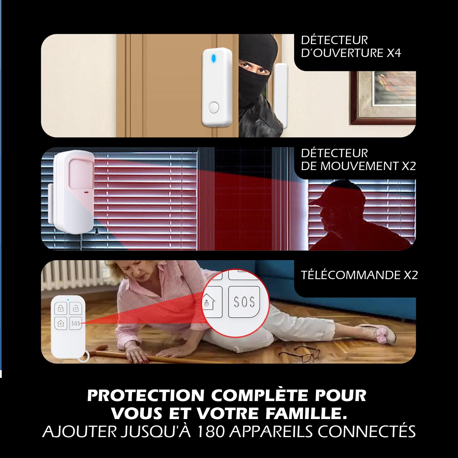 Système d’Alarme connecté WiFi et/ou 4G – Détection d’Ouverture & de Mouvement – Transmetteur GSM Vocal – Sécurité Intelligente évolutive, Compatible Alexa & Google