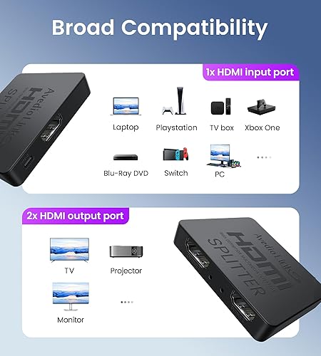 Miniatura 8 de avedio links Divisor HDMI 4K60Hz, Divisor HDMI 1 entrada y 2 salidas - No extiende la pantalla (Solo duplica las pantallas), Soporta 3D Dol-by