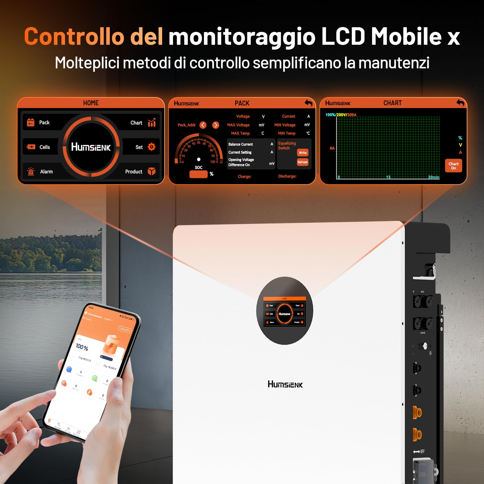 Humsienk Batteria LiFePO4 48V 314Ah, Batteria accumulo fotovoltaico 16.07KWH con integrata 200A BMS e display LCD,8000+ cicli, Accumulo di energia a parete per sistema solare,fotovoltaico,off-grid