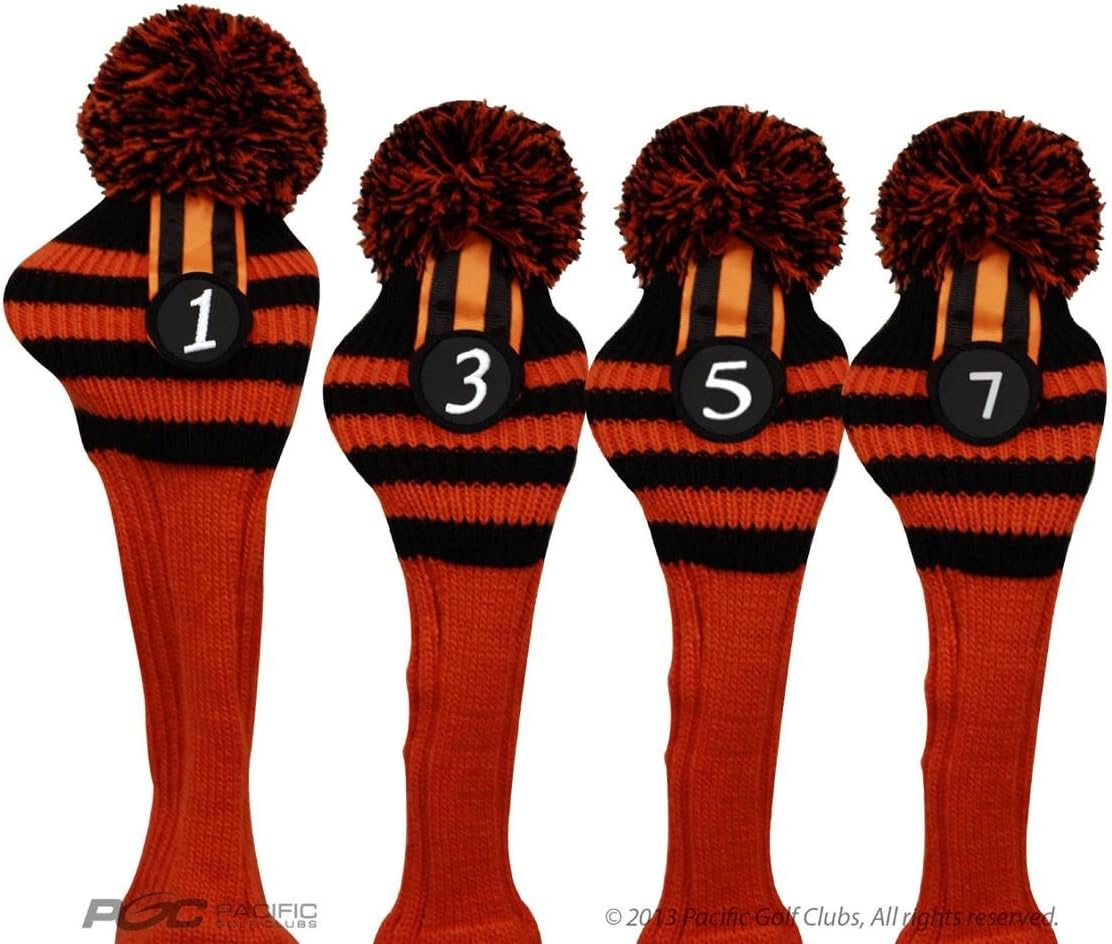 Pacific Golf Clubs Head Covers 1 3 5 7 Black and Orange Knit Retro Old School Vintage Stripe Pom Pom Throwback Classic
