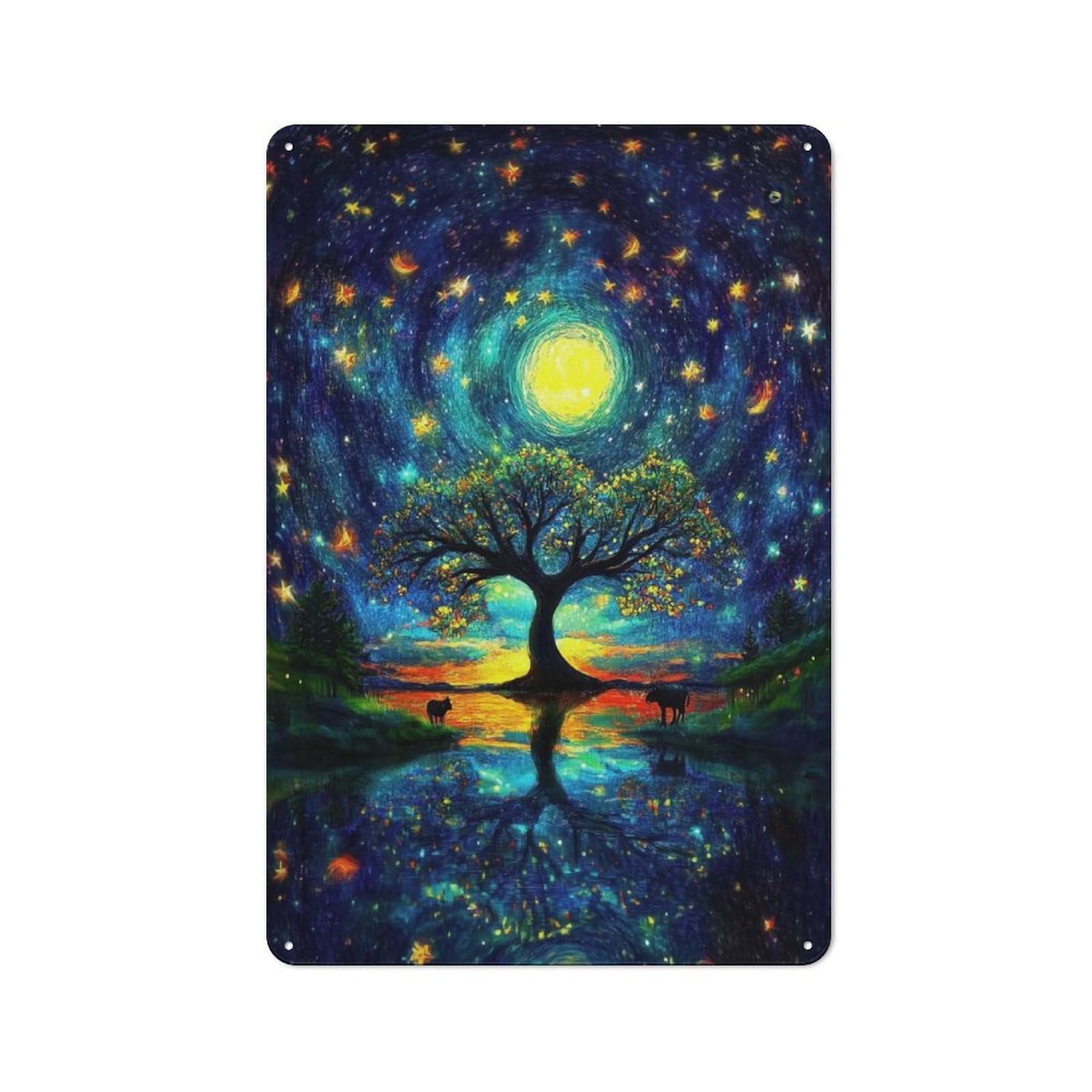 Junmoney Starry Night Tree Shop Front Style Metal Wall Decor 30X20cm, Cafe Metal Sign For Takeaway, Bar, Kitchen Or Counter Area