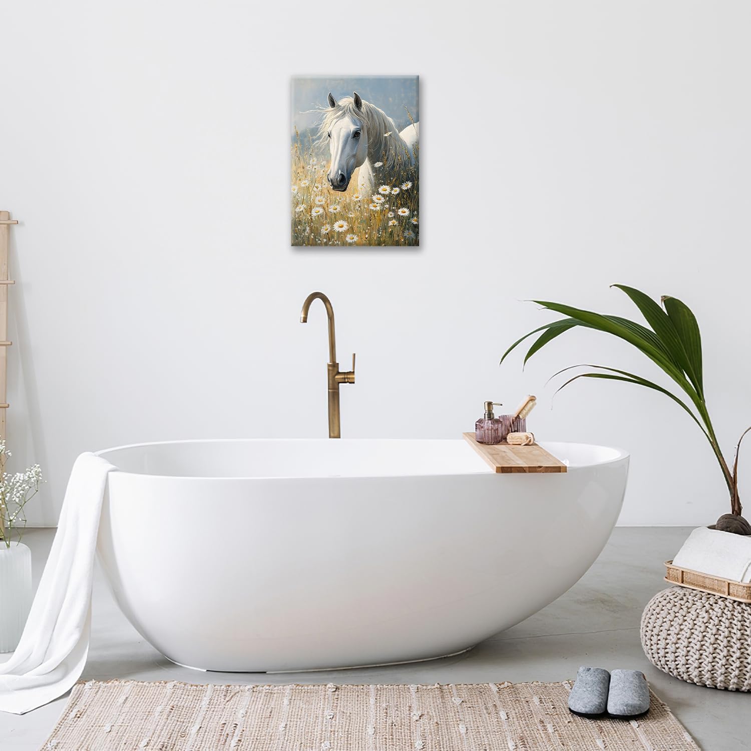 Spaexor Horse Wall Art, White Horse Flowers Pictures Wall Decor, Animal Canvas Prints Painting Frame Artwork for Living Room Bathroom Bedroom