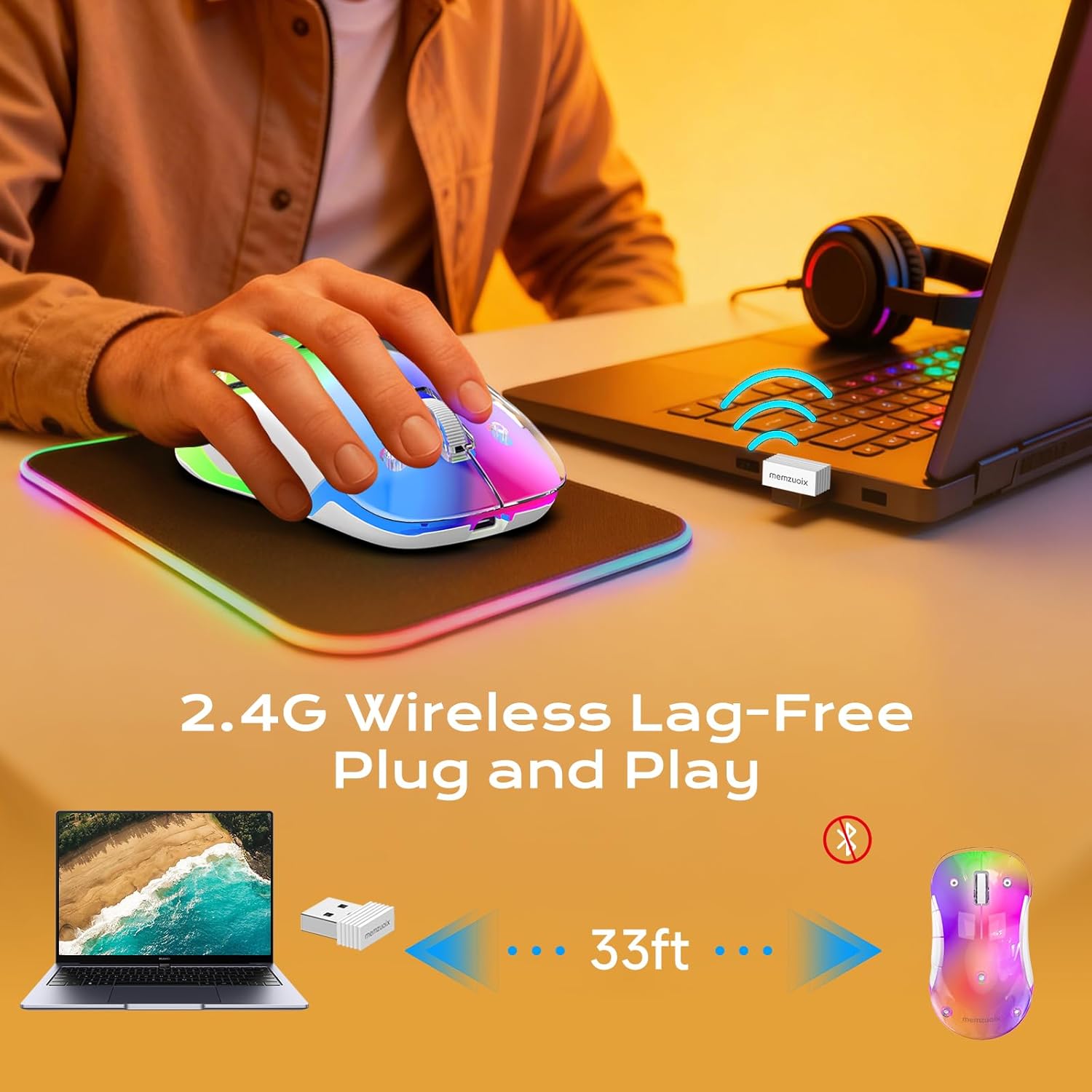 memzuoix 2.4G LED Wireless Mouse, Rechargeable Ergonomic Mouse with Detachable Cover, 1400 DPI Portable Optical Computer Mouse with USB Receiver for Laptop, PC, Desktop and MacBook, 5 Buttons