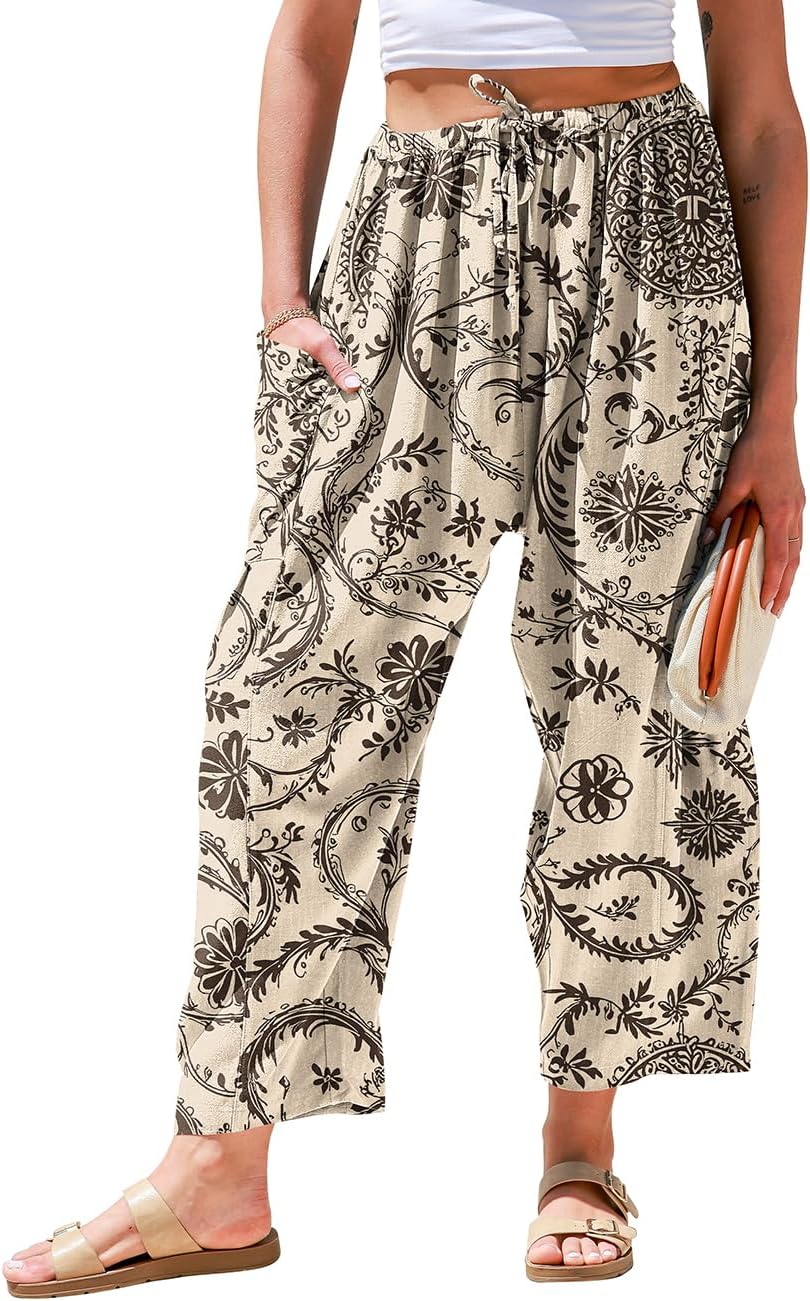 TARSE Womens Linen Wide Leg Pants Casual Loose Drawstring Summer 2026 Beach Travel Vacation Palazzo Harem Pants with Pockets