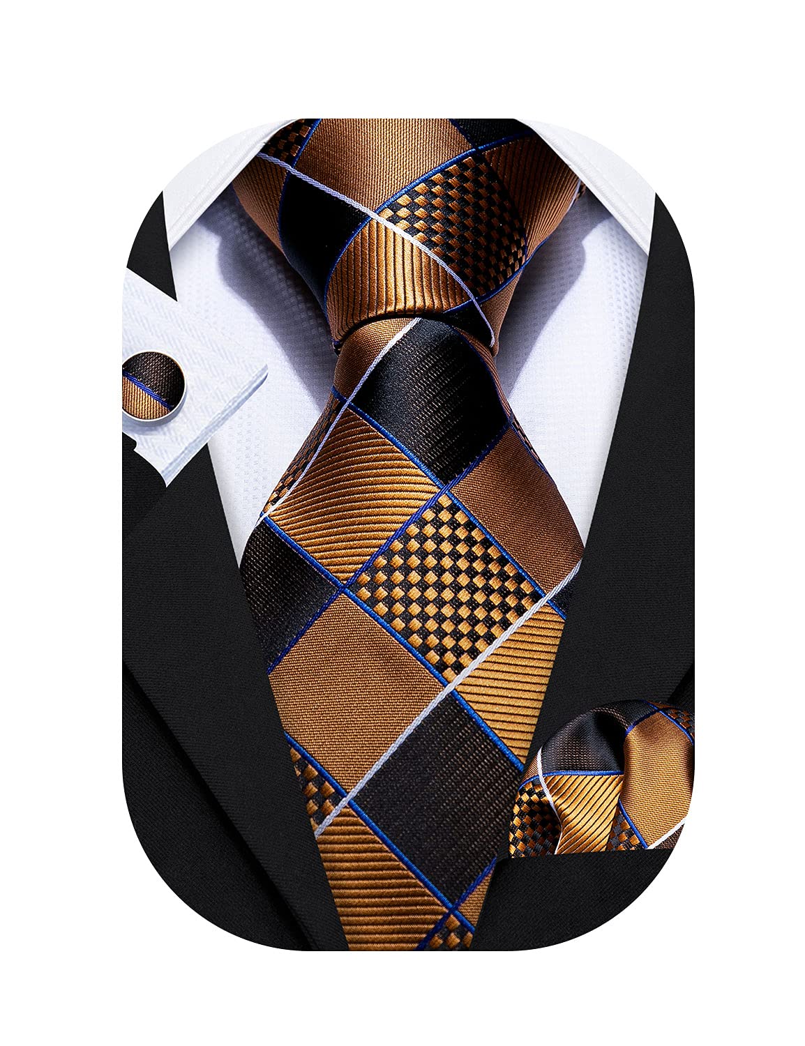 Barry.Wang Plaid Ties Checkered Mens Silk Necktie Handkerchief Cufflinks