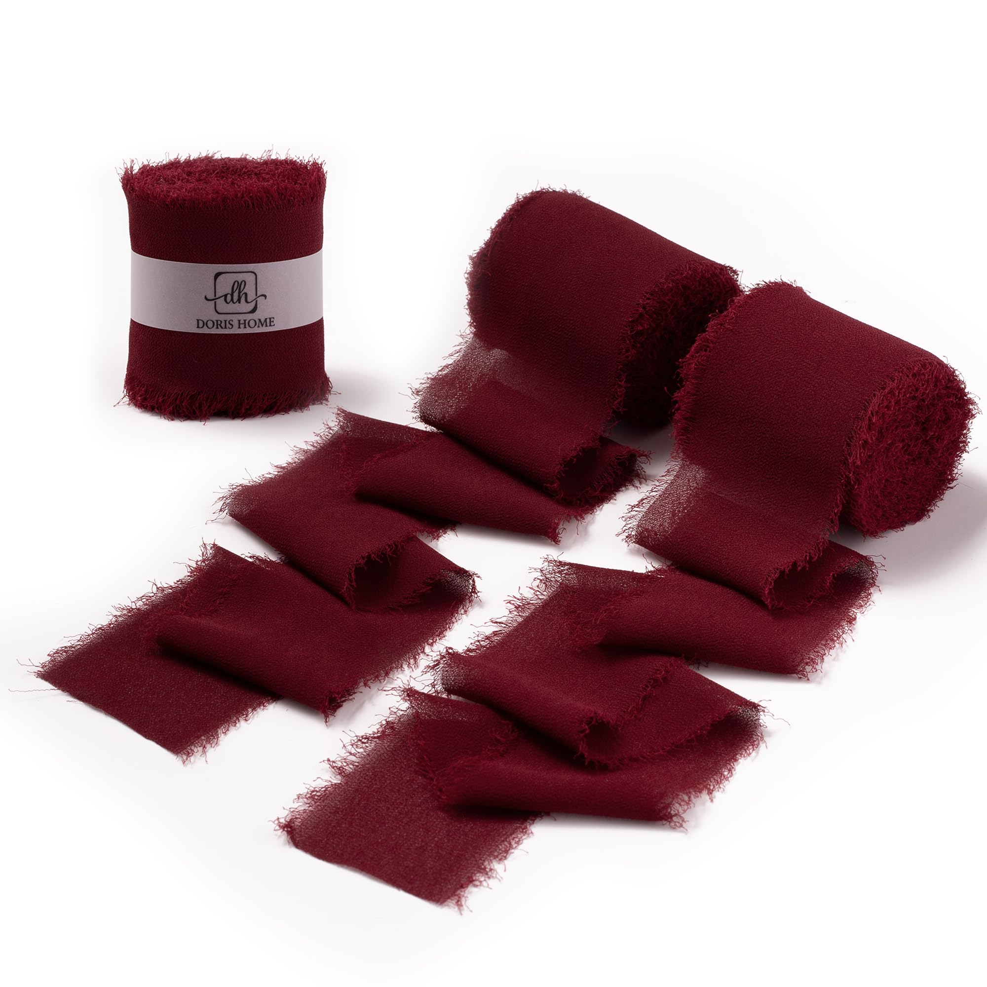 Doris Home 3 Rolls 2"x7Yd Fringe Chiffon Ribbon for Flower Bouquet, Handmade Burgundy Ribbon for Gift Wrapping, Frayed Edge Ribbon for Crafts, Decorating, Bouquet Wrap, Wedding Invitation