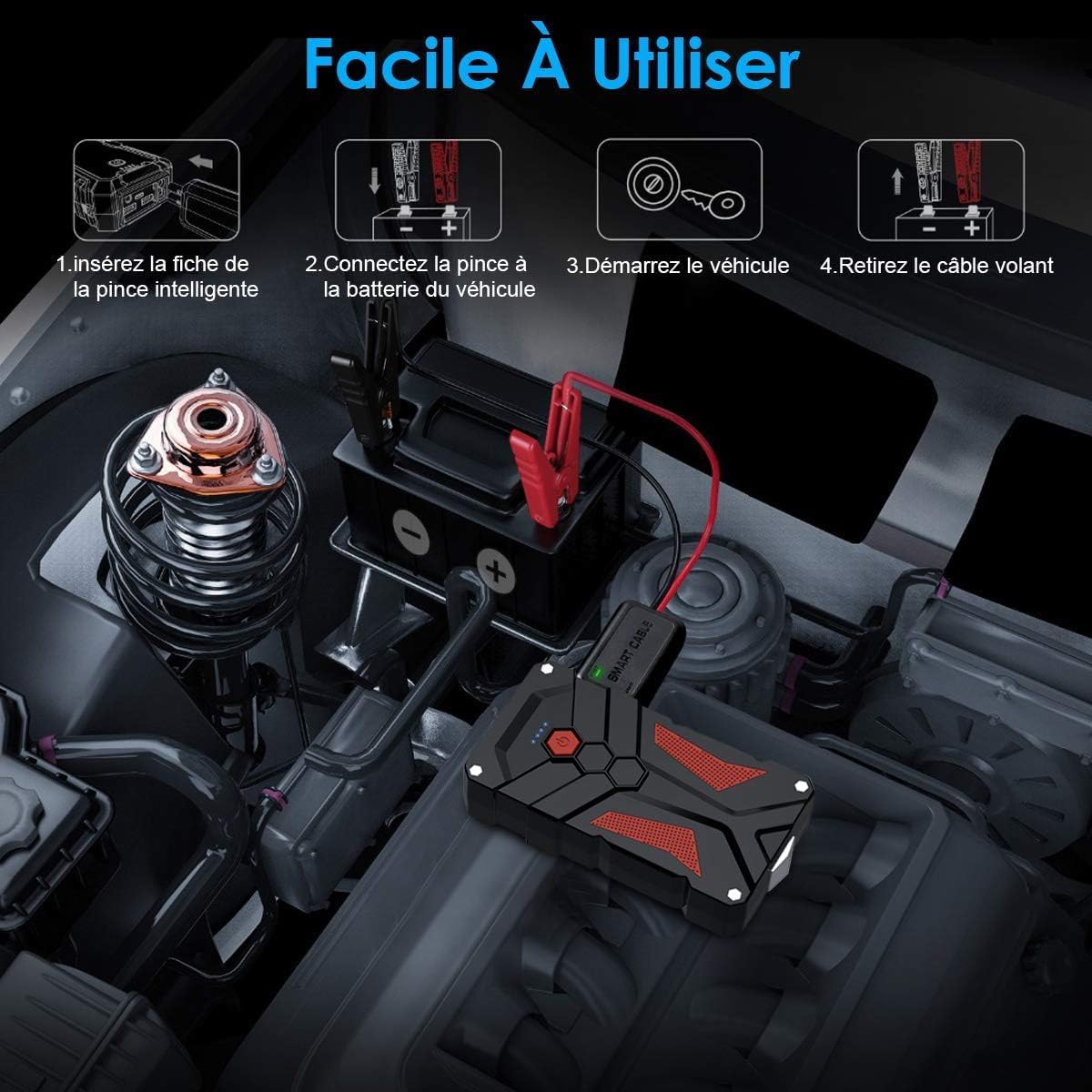 Booster Batterie Voiture 4000A, 12800mAh Démarreur de Voiture(Jusqu'à 7.0L Essence ou 5.5L Gazole), 12V Jump Starter avec Pinces de Sûreté Intelligentes, Lampe à LED, Marteau de Sécurité