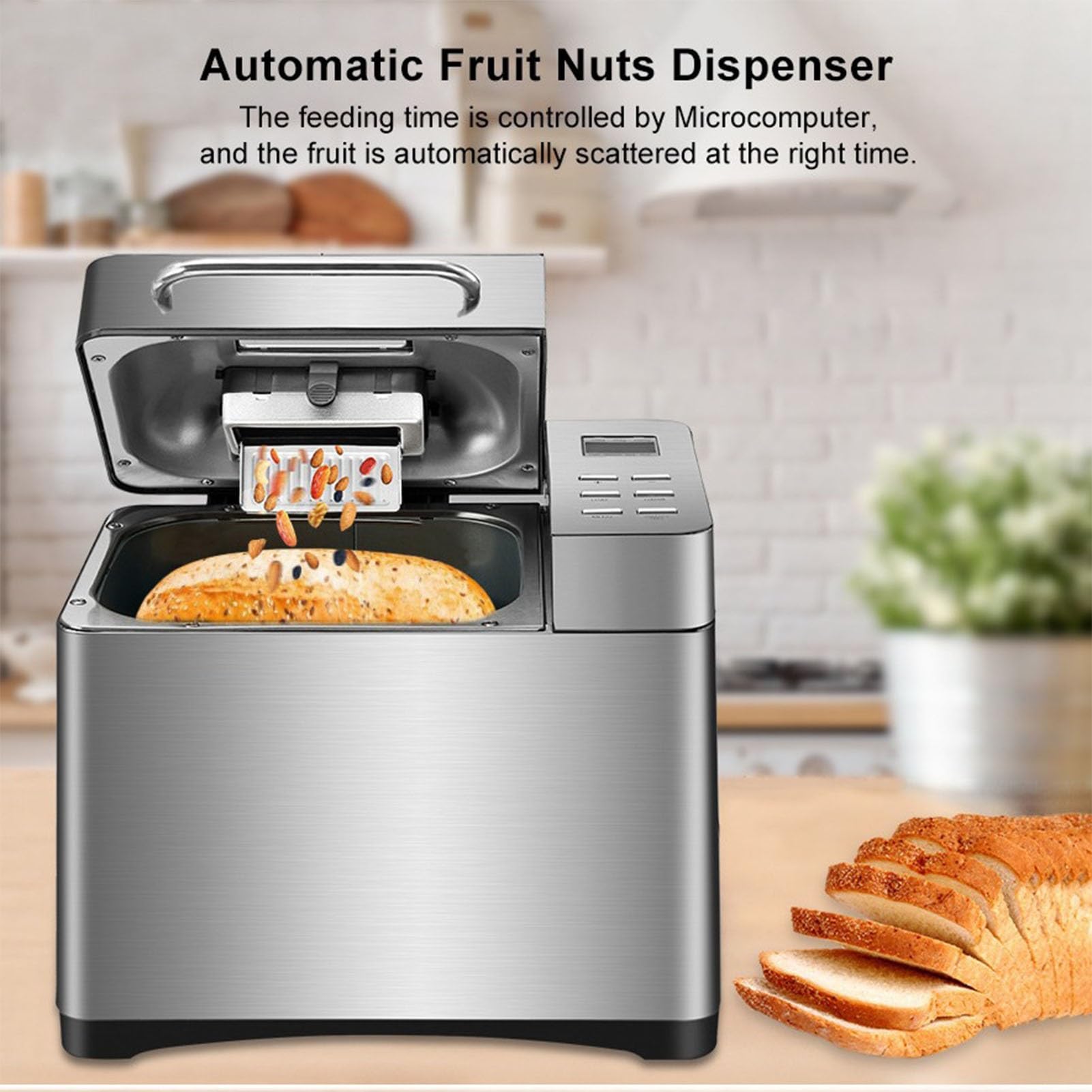 Générique Machine À Pain, Grande Machine À Pain 650 W avec Distributeur Automatique De Noix, Plaque en Céramique Et Panneau Tactile, 3 Tailles De Pain, 3 Couleurs De Croûte