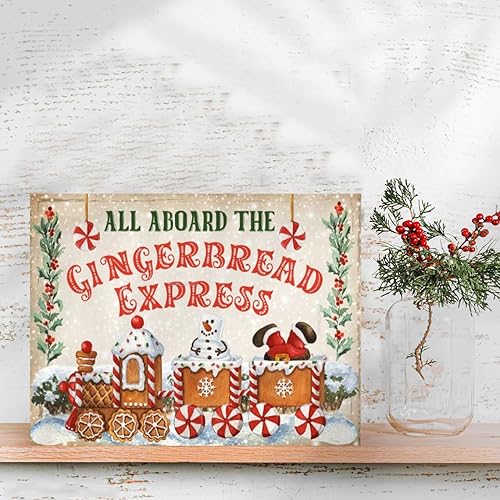 Letrero de metal con diseño de tren de pan de jengibre, decoración de pared, cartel de galletas de jengibre, póster de vacaciones, decoración de