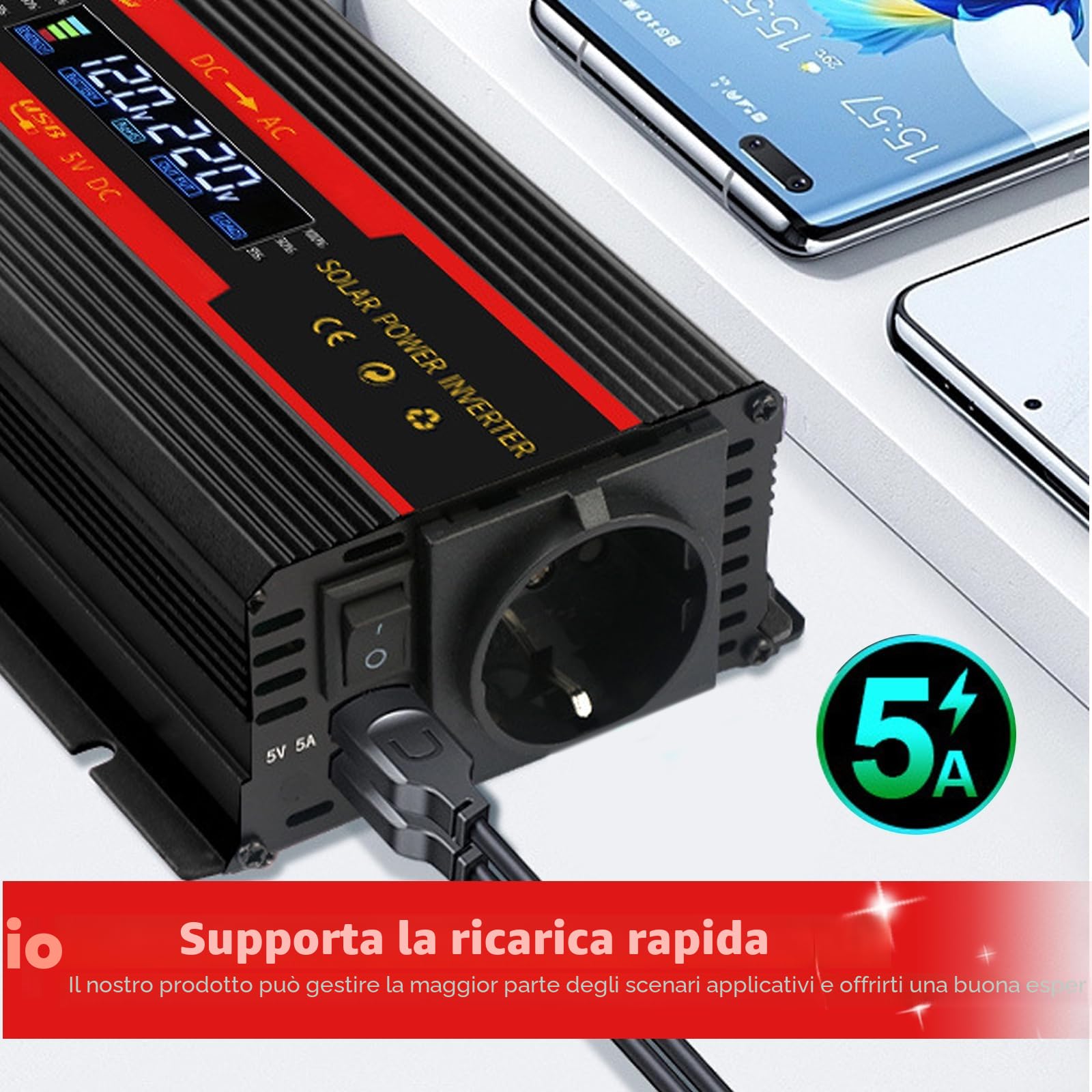 Invertitore di tensione DC 12 V/24 V su AC 230 V modificato Inverter 2000 W con prese europee, 2 USB e display LCD, convertitore di corrente per auto, camion, roulotte, campeggio