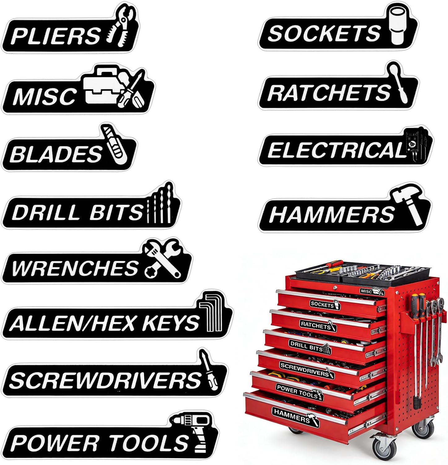 12pcs Magnetic Tool Box Labels with Reflective Strips, Reusable Magnetic Toolbox Organizer Stickers Tags with Strong Magnets for Garage Tool Accessories Cabinets & Carts Drawers Organization (Black)