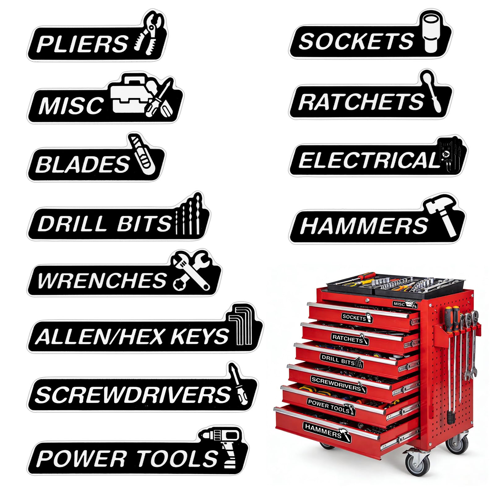 12pcs Magnetic Tool Box Labels, Reusable Toolbox Organizer Tags Organization Stickers Accessories with Strong Magnets for Carts Drawers & Cabinets