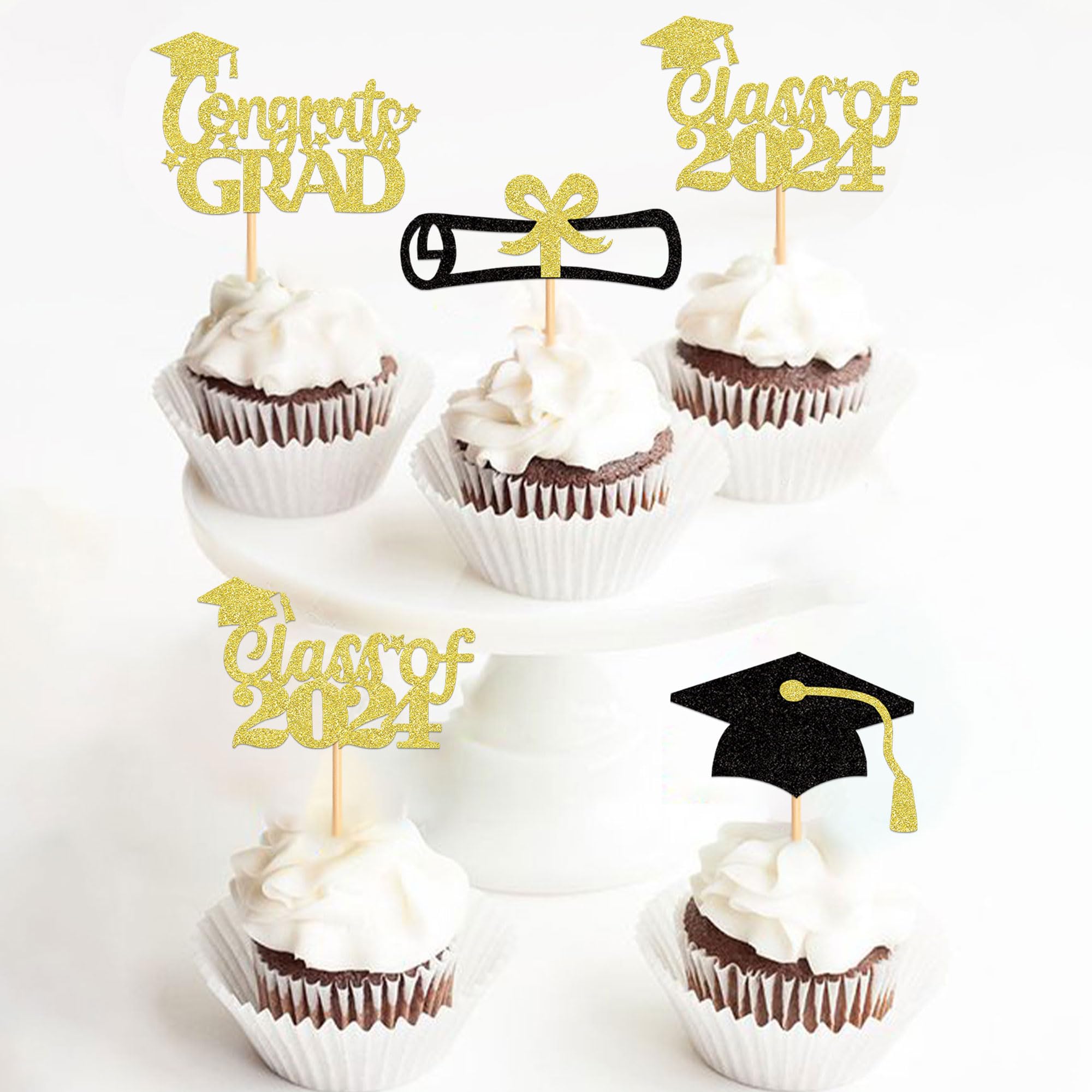 Class Of 2024 Graduation Cake Topper - Black Glitter Grad Cap Pick Decoration