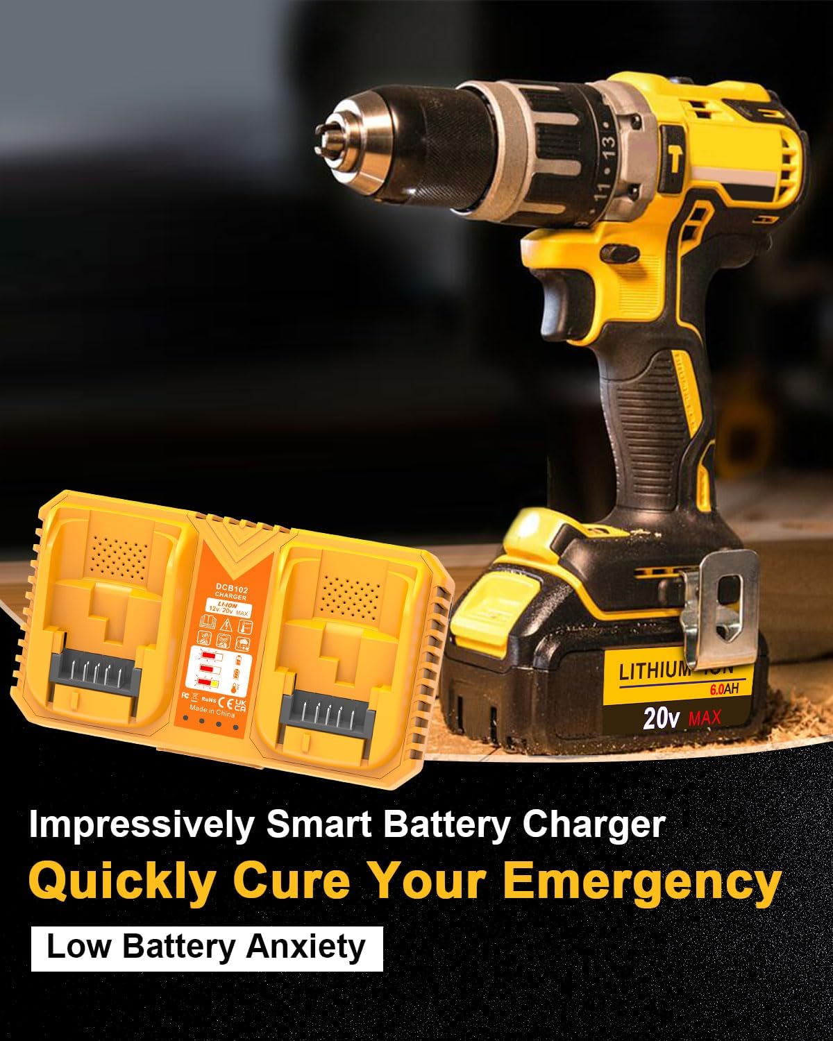 2Packs 5.0Ah Battery Replacement for Dewalt 20v Battery with DCB102 Battery Charger Station (Yellow)