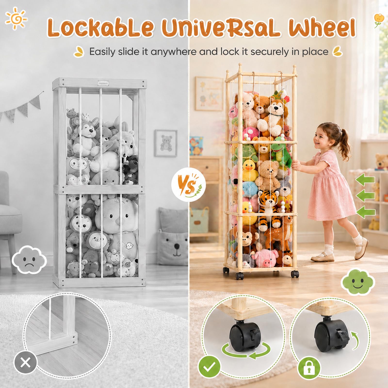 Porta Peluche in Legno Massello, Portapeluche con Ruote Frenate a 360°,138 * 40 * 40cm, Conserva e Protegge i Peluche, per le Camere dei Bambini, le Sale Giochi, i Soggiorni Con borsa portaoggetti
