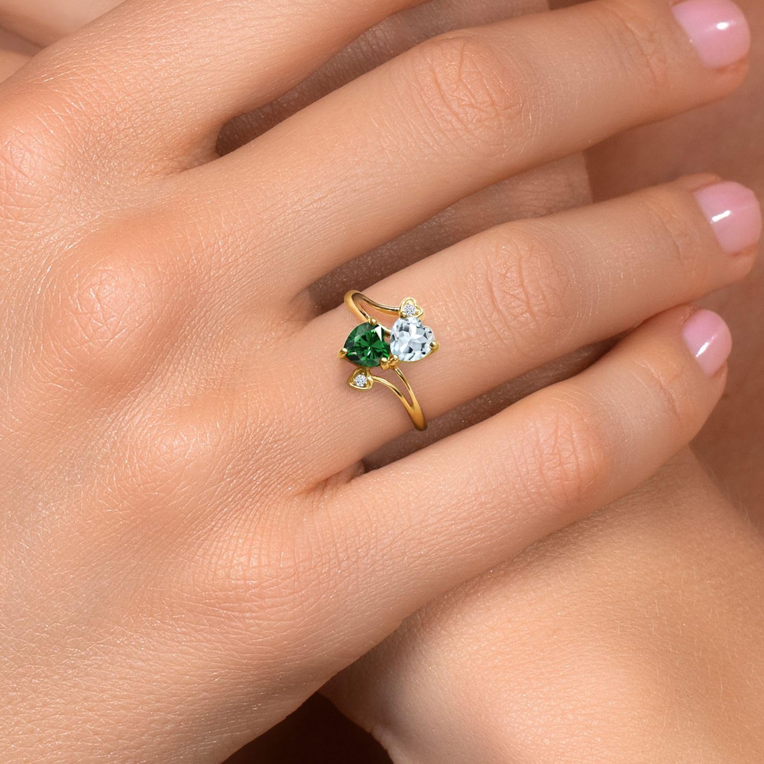 Gem Stone King 18K Yellow Gold Plated Silver Sky Blue Aquamarine Green Nano Emerald Ring For Women (1.38 Cttw, Heart Shape 6MM, Gemstone March Birthstone)