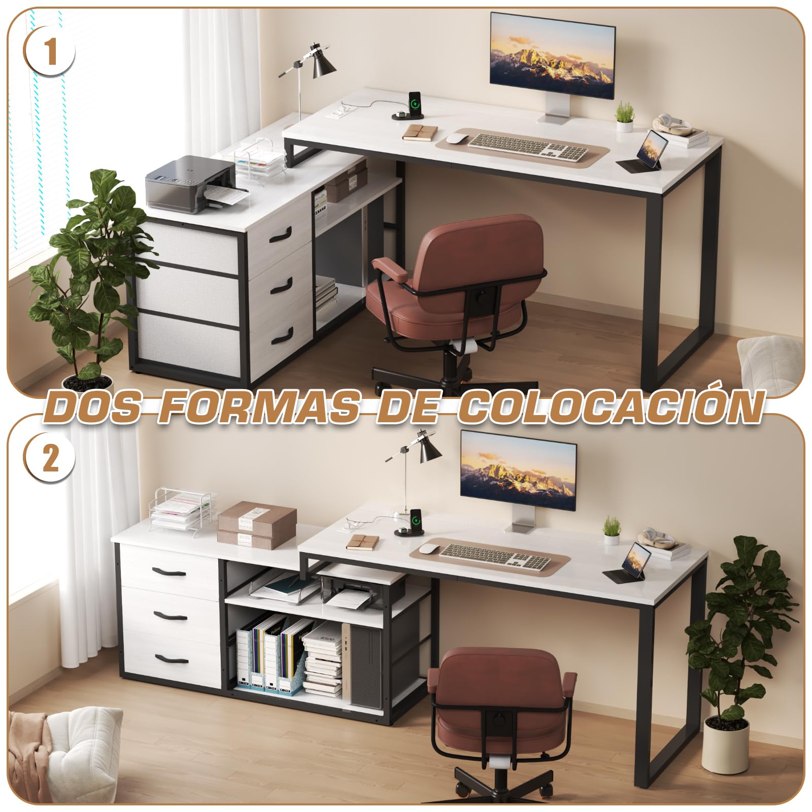 TRIUMPHKEY 140x105cm Escritorio Esquinero Reversible,Mesa de Ordenador con 3 Cajón,Estante de Almacenamiento,Escritorio en L con 2 Puerto de Carga USB y 2 Toma de Corriente para Oficina en Casa Gris