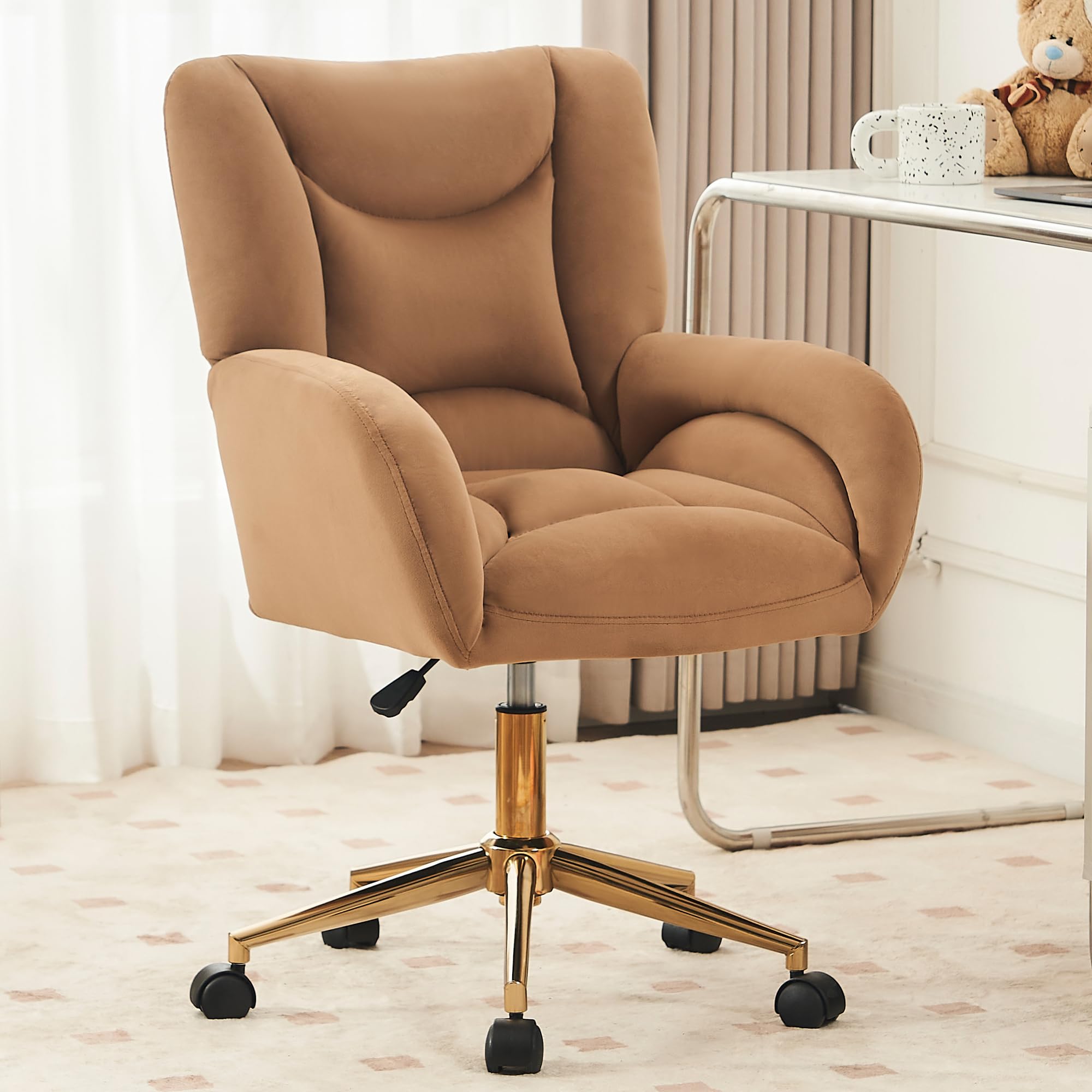 DEKKETO Velvet Vanity Chair, Height Adjustable Swivel Desk Chair with Quiet Wheels, Makeup Chair with Gold Base for Bedroom, Dressing Table,Brown