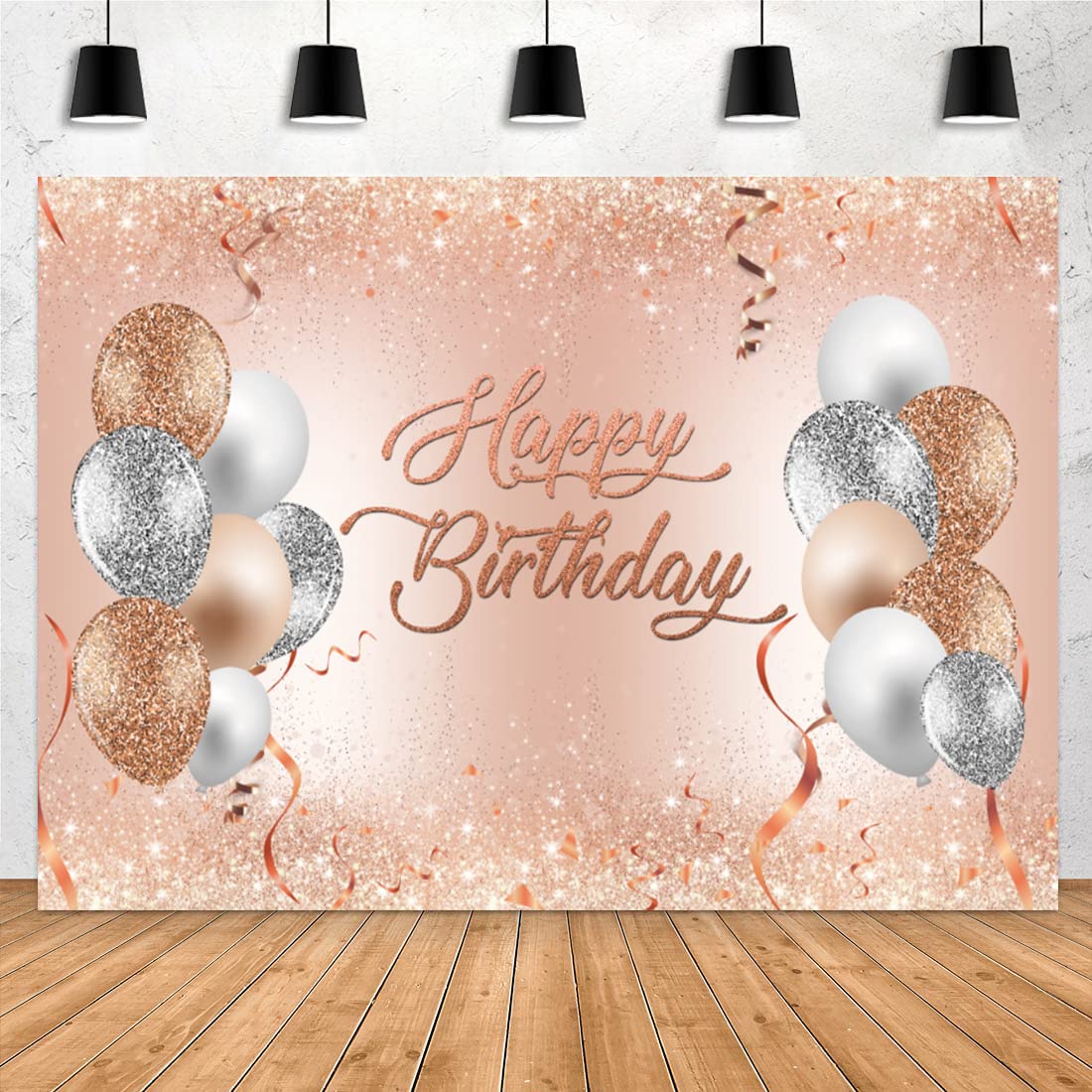 Photo 1 of Rose Gold Birthday Backdrop for Women Girls Adults Kids Pink Balloon Glitter Happy Birthday Background Girls Sweet 16 18th 21th Birthday Party Decorations Cake Table Banner Photoshoot Supplies 9x6FT