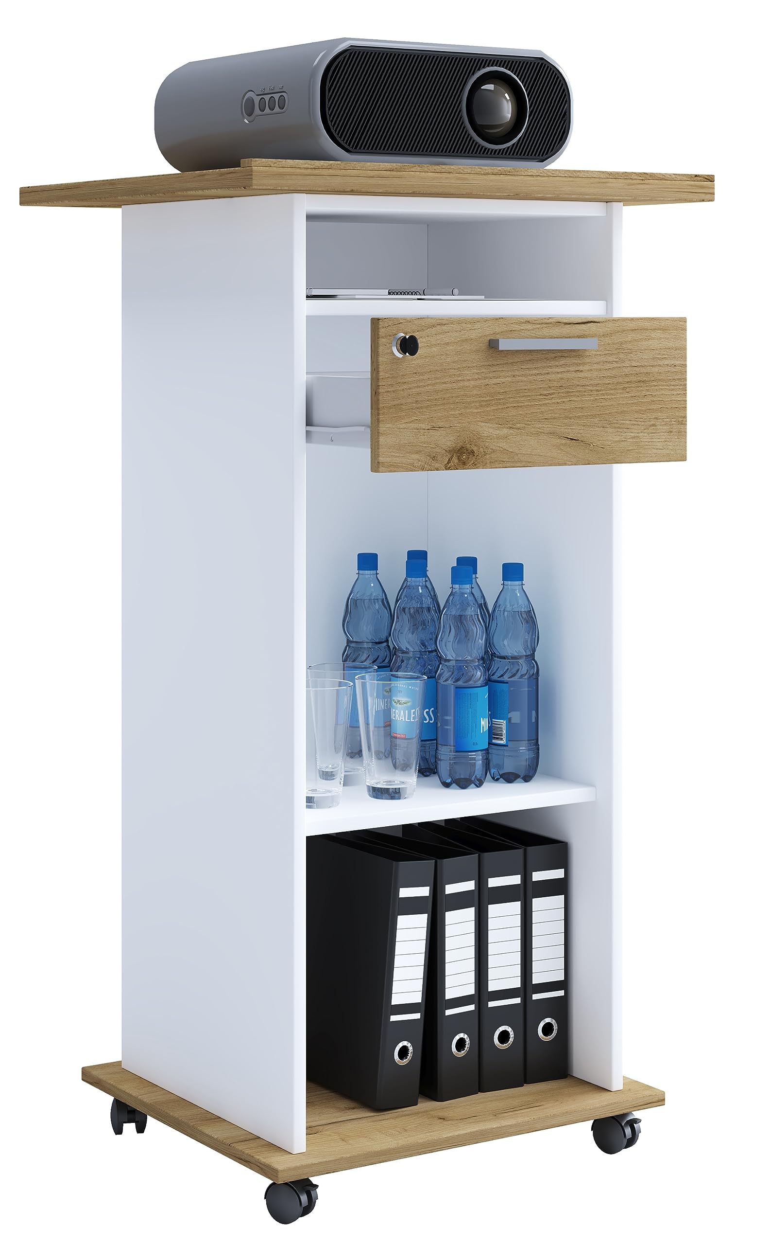 VCM Bois Table Meuble Chariot Chariot Beamer Projecteur roulettes Neta Bois Table Meuble Chariot Chariot Beamer Projecteur roulettes Neta Blanc/Chêne Miel