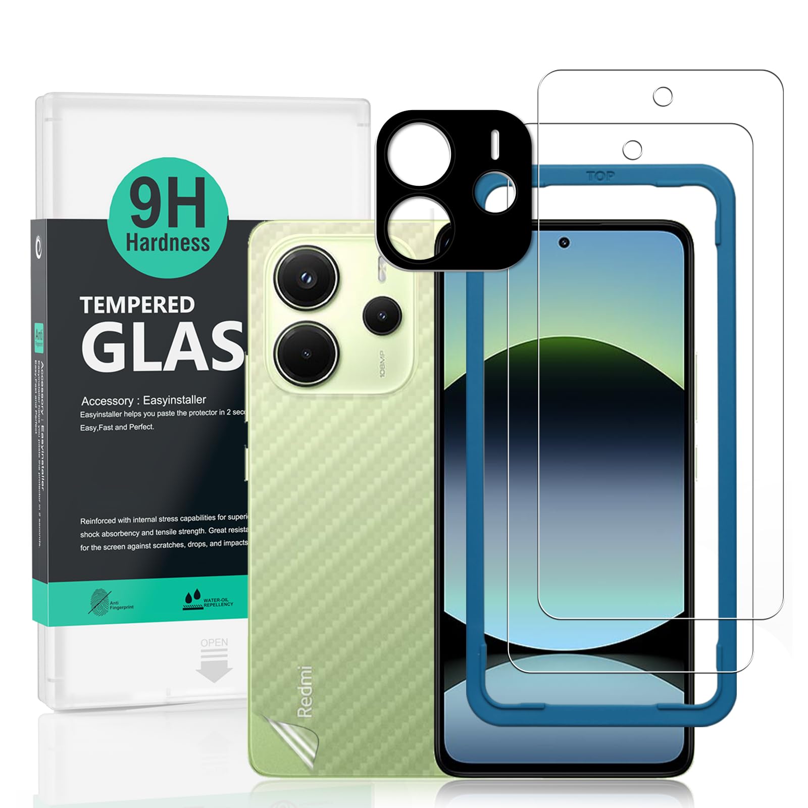 Ibywind Screen Protector for Xiaomi Redmi Note 14 4G 6.67"(2 Pack),9H Hardness Tempered Glass,with 1Pc Camera Lens Protector,1Pc Back Carbon Fiber