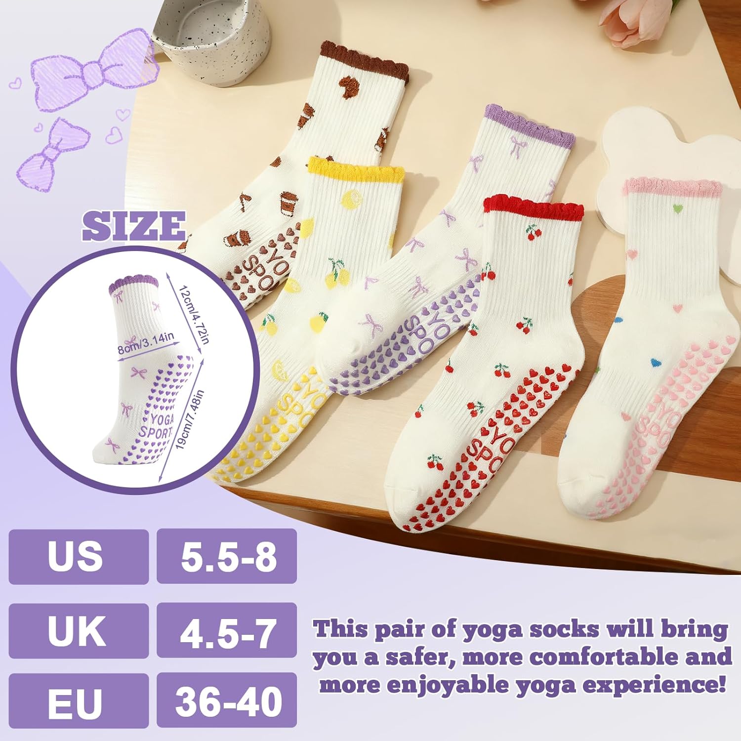 5 Pairs Cute Pilates Socks for Women, Ruffle Frilly Yoga Socks Non Slip Cotton Crew Socks with Embroidery Pattern - Image 2