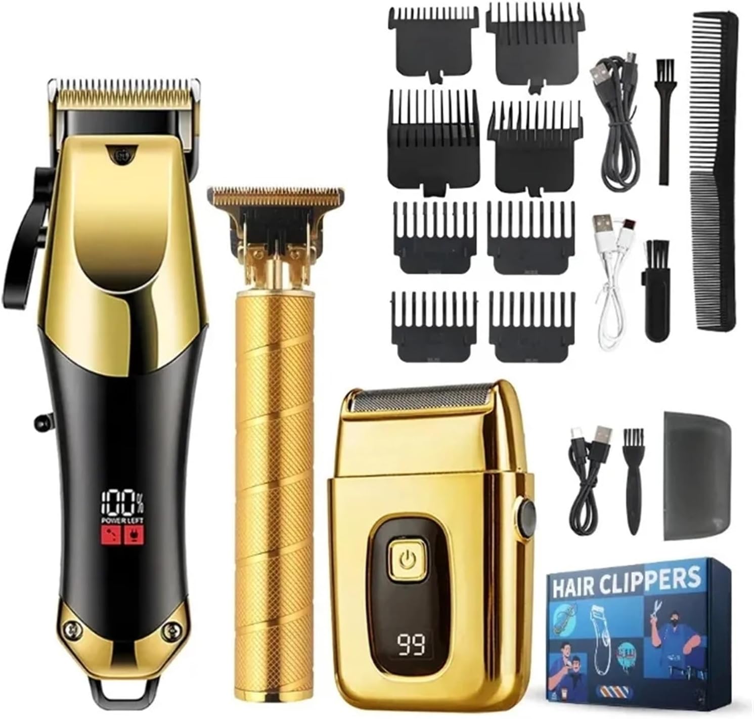 USB Rechargeable Men's Hair Clippers 3-Piece Set Professional Oil Head & Detail Electric Trimmers, Ideal Grooming Kit for Home Use(Coordinates)