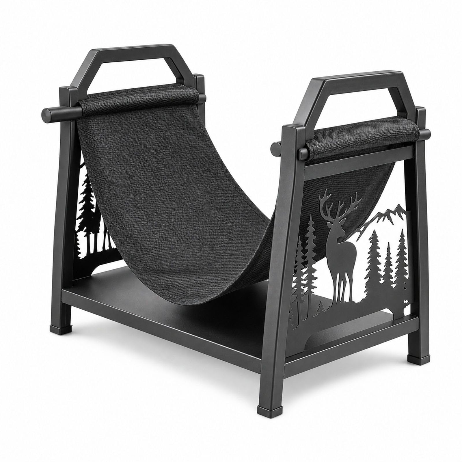 Porte-bûches en acier thermolaqué avec support en toile, range-bûches incurvé pour cheminée et intérieur