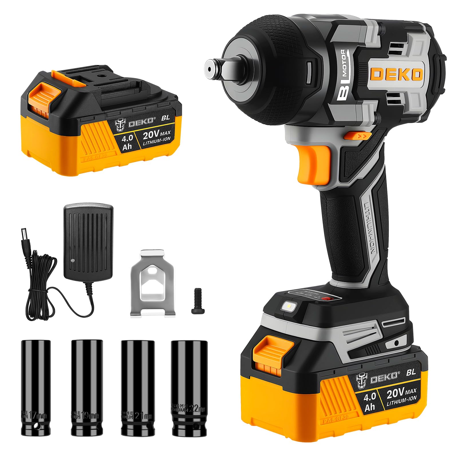 DEKOPRO Avvitatore a impulsi Brushless 800Nm 20V Avvitatore a Percussione con Batteria 4,0 Ah, 4 Bussole (17/19/21/22 mm), Gancio da Cintura, Ideale per Auto, Moto e Lavori in Casa