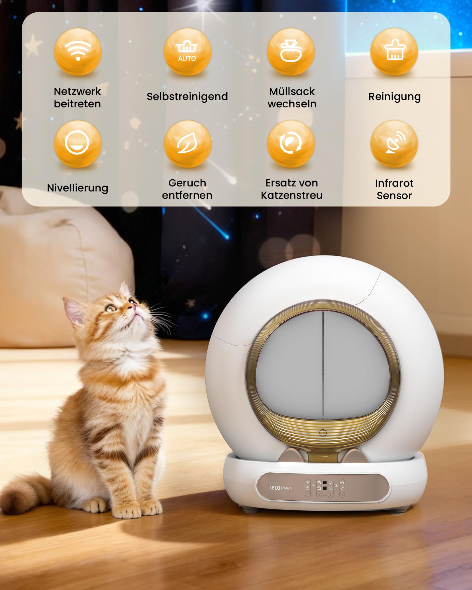 Selbstreinigende Katzentoilette mit Türvorhang, 65L+9L Katzenklo Selbstreinigend mit Müllbeutel, Matte, APP Steuerung, Desodorieren, Elektrisches Katzenklo für Mehrere Katzen, Golden