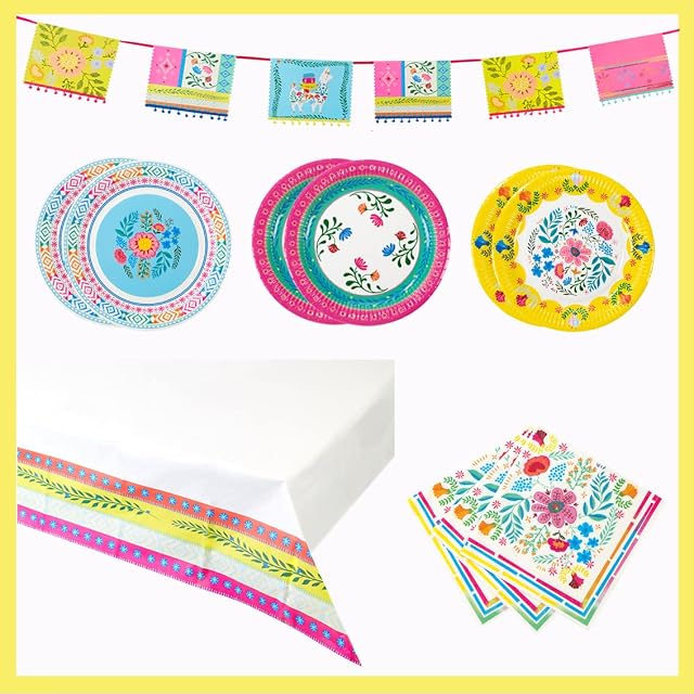 Talking Tables Boho Party Supplies Guests-Includes Colourful Floral Plates, 12 x Pretty Napkins, 1 x Mexican Bunting, 1x Paper Table Cover | Ideal for Encanto Themed Birthday, Summer BBQ, Festival