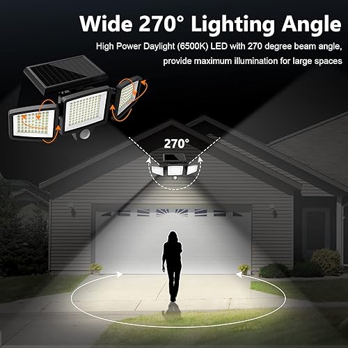 Miniatura 4 de Tuffenough Luces solares para exteriores de 2500 lm, 210 luces LED de seguridad con control remoto, 3 cabezales de luces con sensor de movimiento,