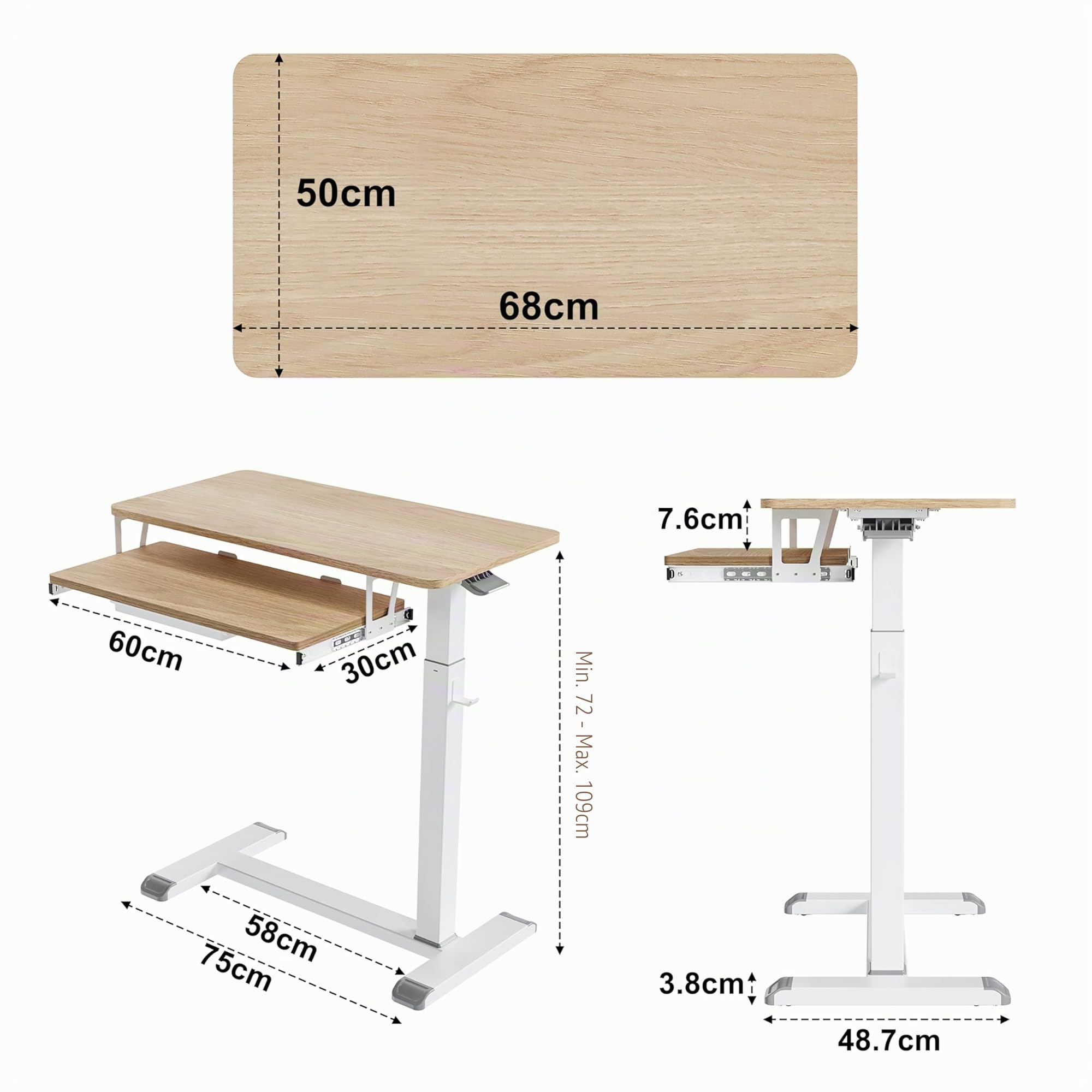 Fydeamer 68 × 50cm Mobile Standing Desk mit Tastaturablage, Höhenverstellbar Computertisch (72-109 cm), Beistelltisch Krankenhausbetttisch Ergonomisch für Homeoffice Wohnzimmer (Oka)
