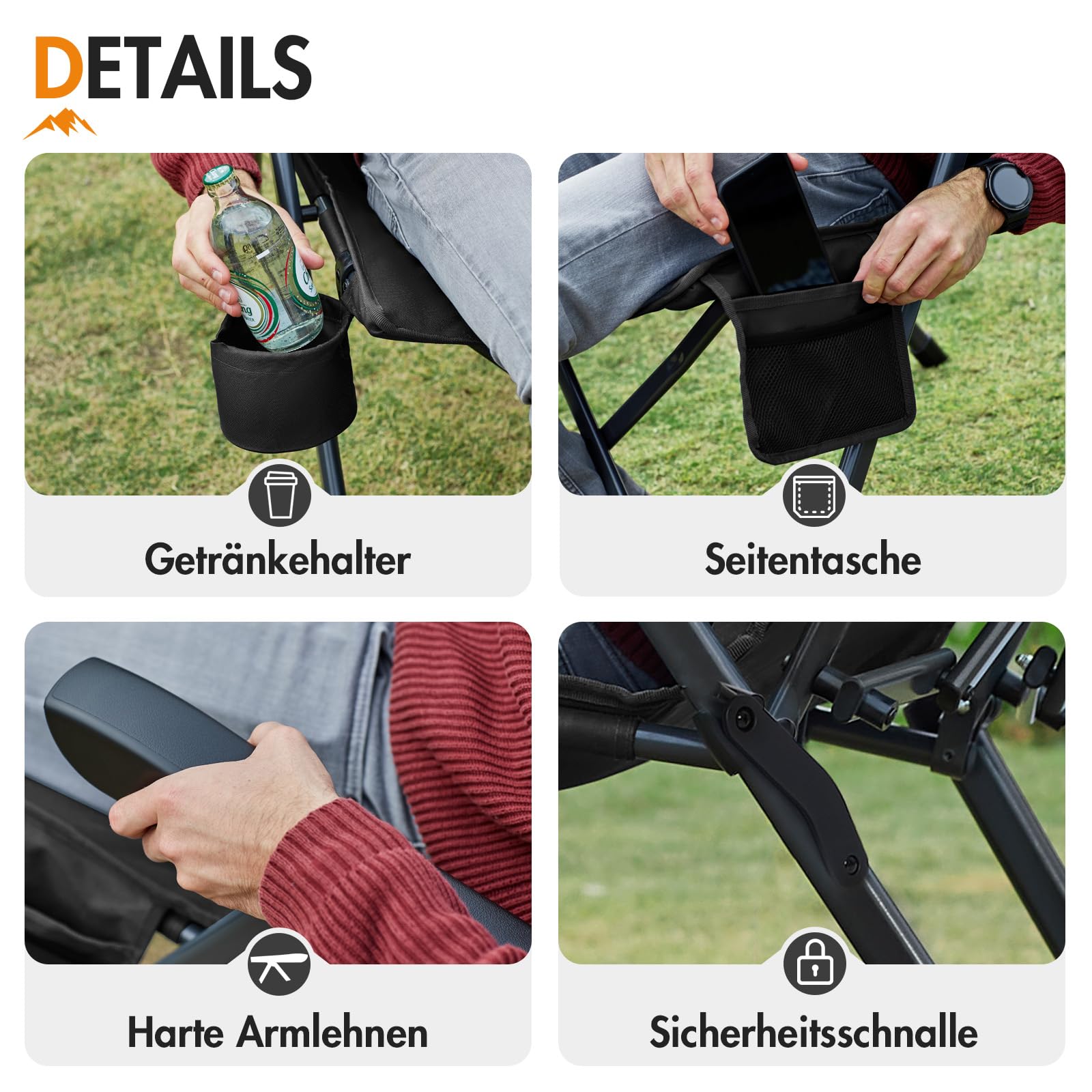 Portal Campingstuhl Faltbar Rückenverstellbar in 3 Positionen Klappstuhl 160 KG Belastbar Hohe Lehne Camping Anglerstuhl Gartenstuhl Liegestuhl Alu für Garten Balkon Picknick