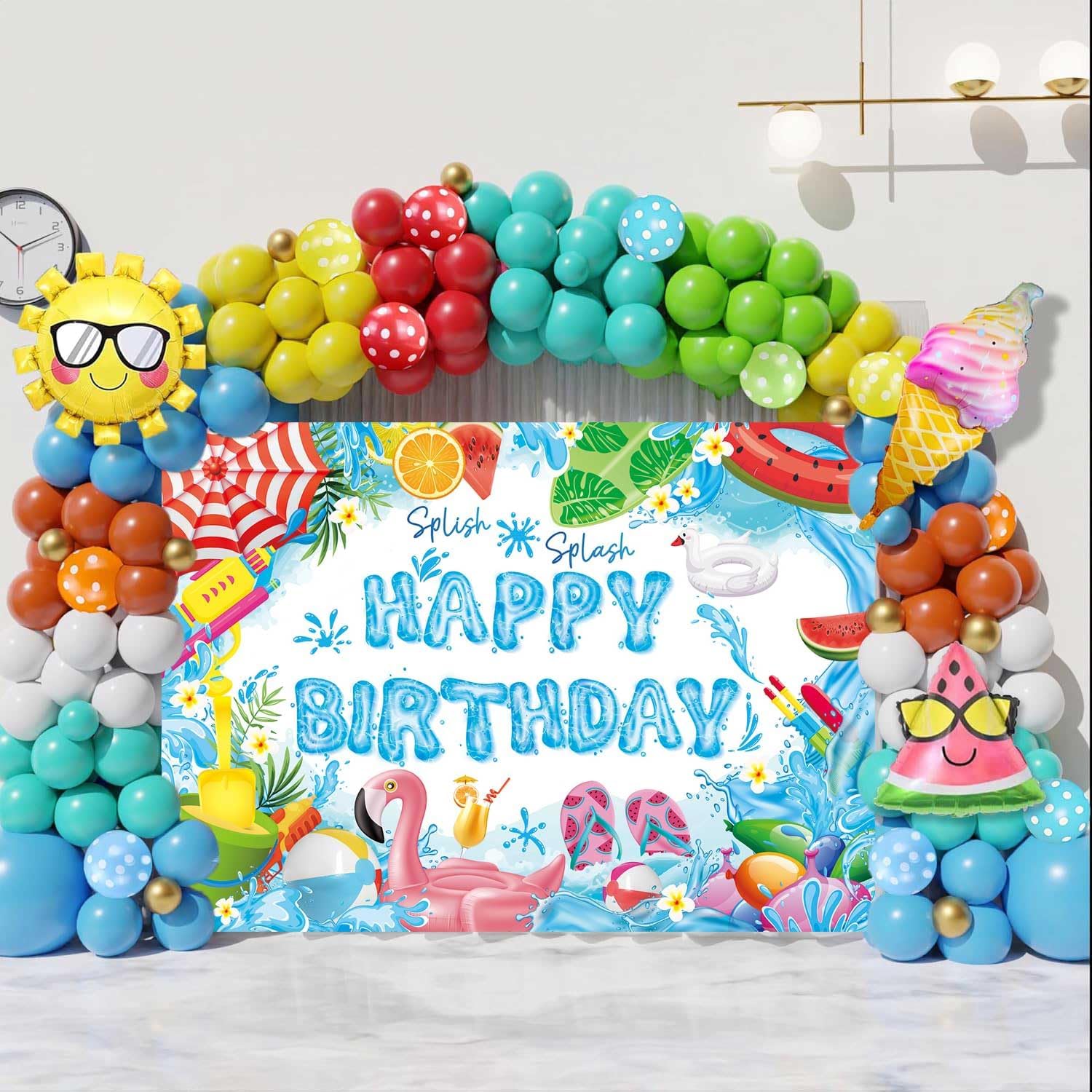 Pool Party Happy Birthday Banner Backdrop 10x8FT Splish Splash Summer Birthday Party Decorations Background Tropical Swimming Hawaiian Theme Party Decor Supplies