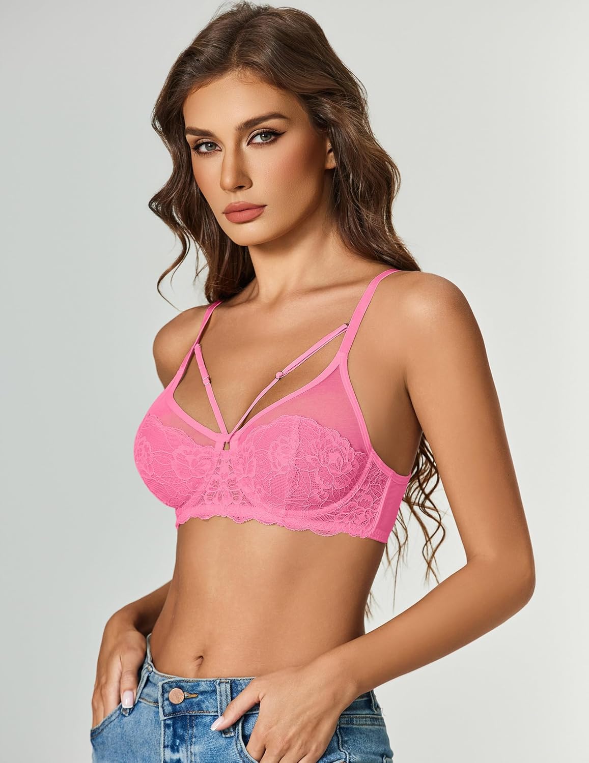 Avidlove Push Up Bras for Women Underwire Sexy Sheer Mesh Lace Bralette Everyday Bra Lingerie Pink L - Image 5