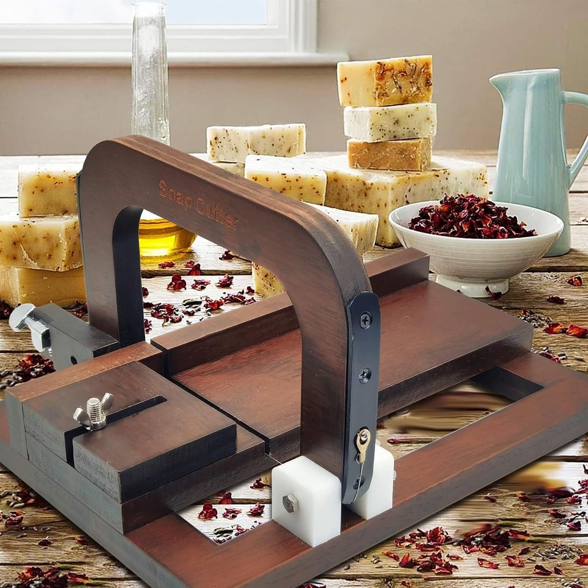 Cortador de jabón de madera – Herramienta rebanadora de alambre con escala, altura de corte 12cm, alambre simple para barra de jabón, queso, mantequilla y velas
