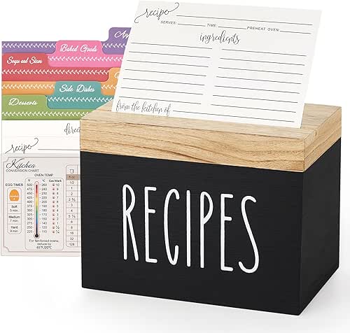 Dahey Wooden Recipe Box Black Recipe Organizer with 100 Recipe