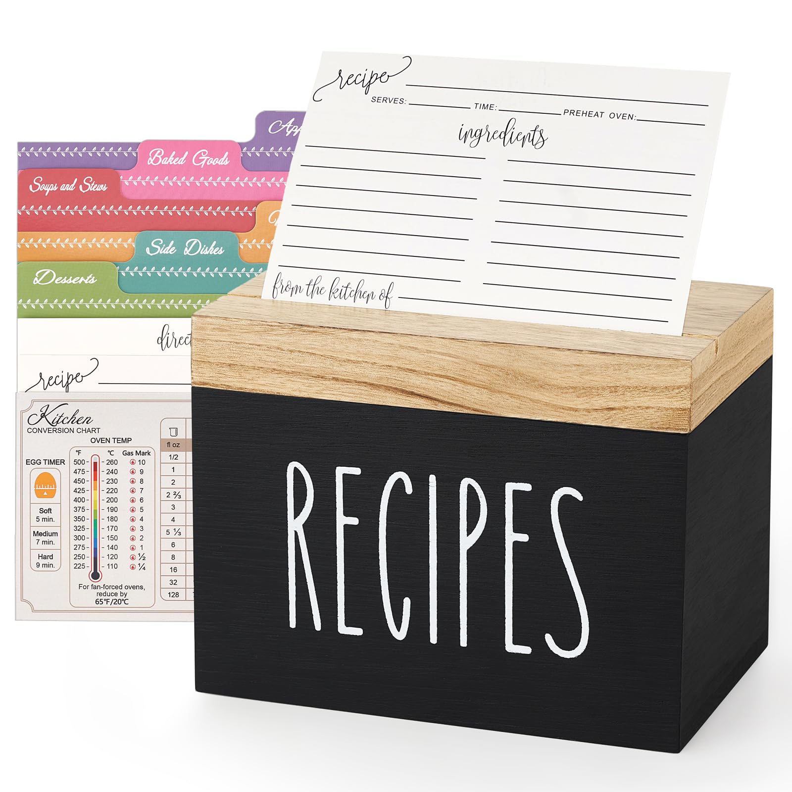 Dahey Wooden Recipe Box Black Recipe Organizer with 100 Recipe Cards and 6 Dividers, Recipe Card Holder Set with Brown Lid and Slots for Writing Your Own Recipes for — image 1