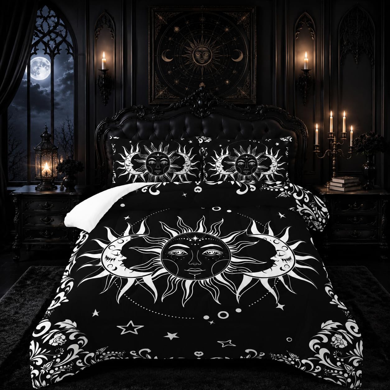 Boho Queen Comforter Set for Girls,Bohemian Bedding Queen Comforter Set,Gothic Bedding Decor Queen Comforter Set Western Boho Hippie ，Black and White Comforter,Sun and Moon Bedding Set Queen-image-31