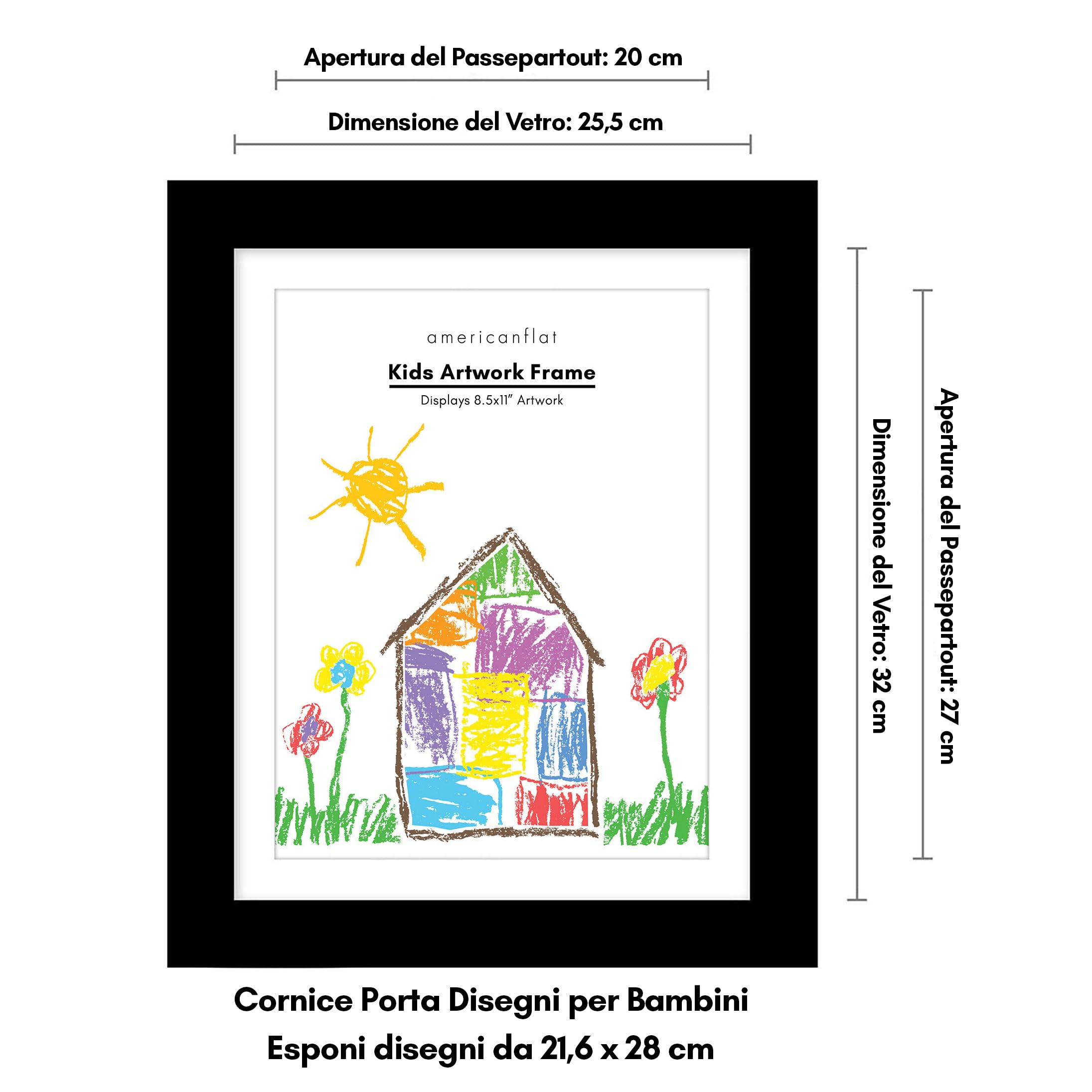 Americanflat Cornice Porta Disegni per Bambini (Nero) - Cornice A4 da Parete con Passepartout e 25,5x32 cm Senza Passepartout - Apertura Frontale con Vetro Infrangibile