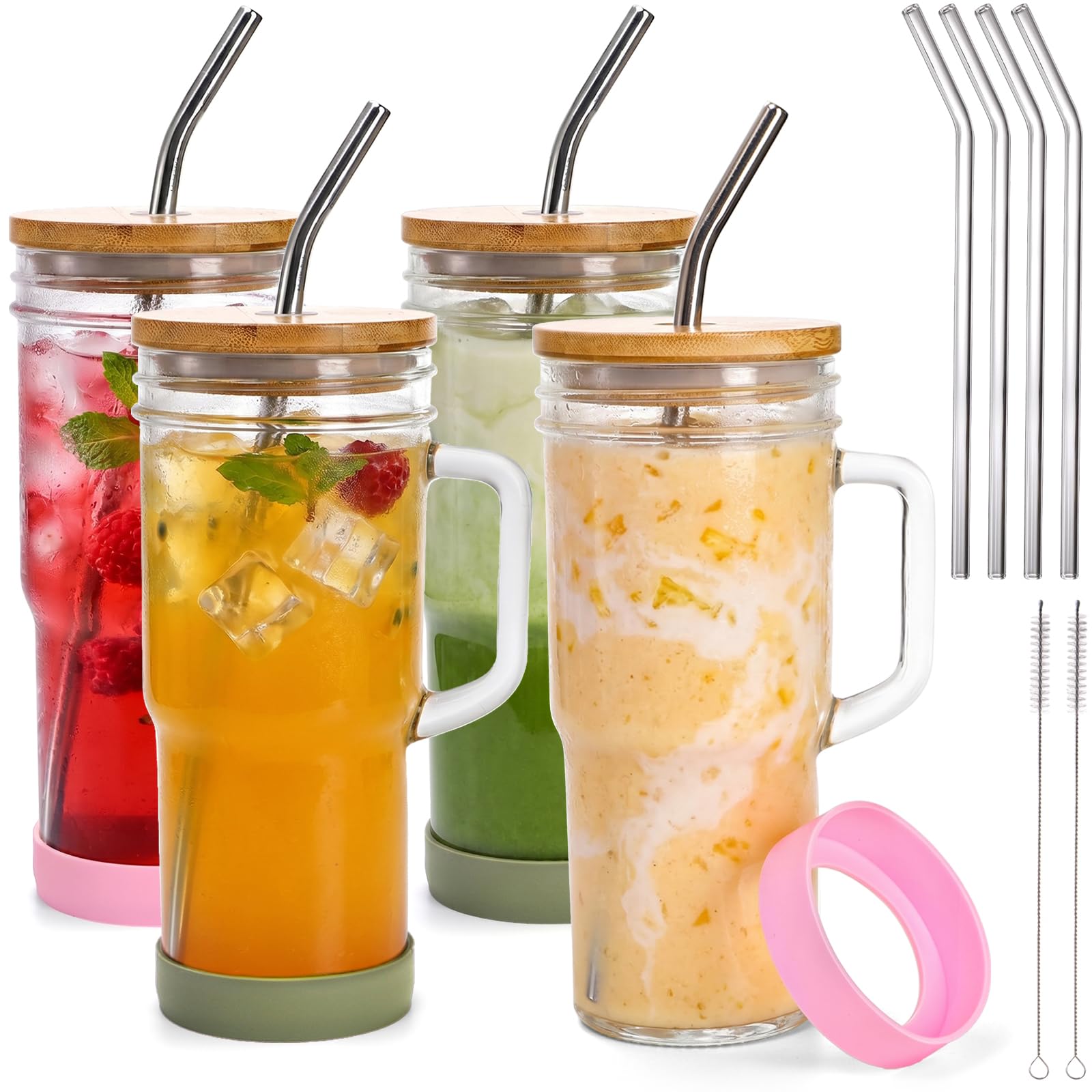 Yesland Glasbecher mit Griff, 680 ml, Einmachglas mit Bambusdeckel und Strohhalmen, wiederverwendbare Kaffeetassen, Trinkgläser für Eiskaffee, Smoothies, Bier, Saft und Bubble Tee, Geschenk, 4 Stück