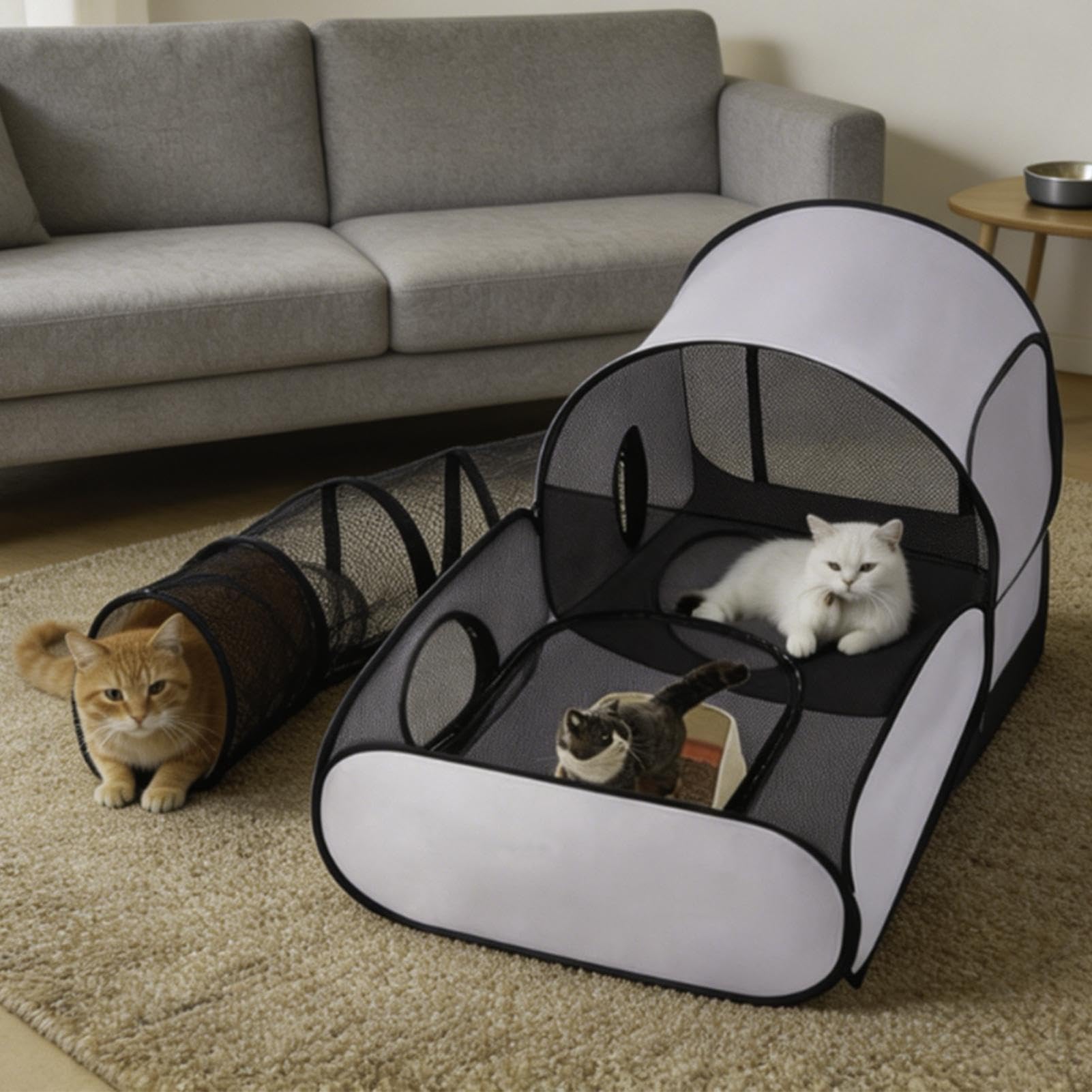 Parque Plegable para Gatos con túnels, Tienda Gatos Interior/Exterior, Parque portátil Mascotas con Laterales Blandos Transpirables, casita interactiva para Gatitos, Cachorros, Animales pequeños