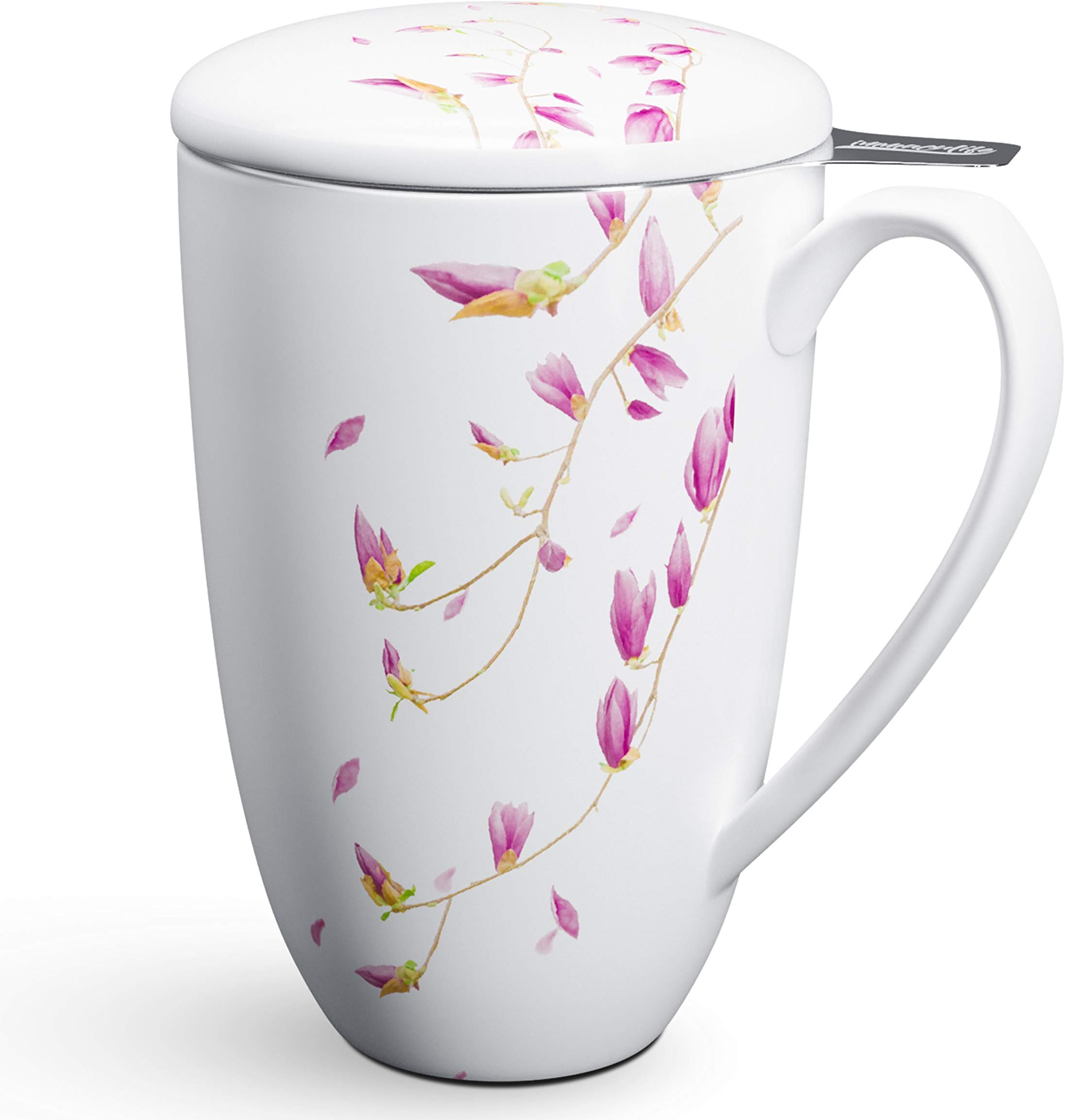 Tea Mug with Infuser and Lid Ceramic Tea Cup with Lid - Teaware with Filter 16oz, White Flower
