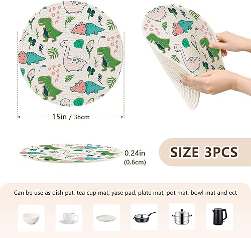 Miniatura 2 de 3 Pcs Trivet Cute Dino Pattern for Hot Pots and Pans 15in Cotton Thread Weave Kitchen Hot Pads for Microwave Stove Cookware Protects